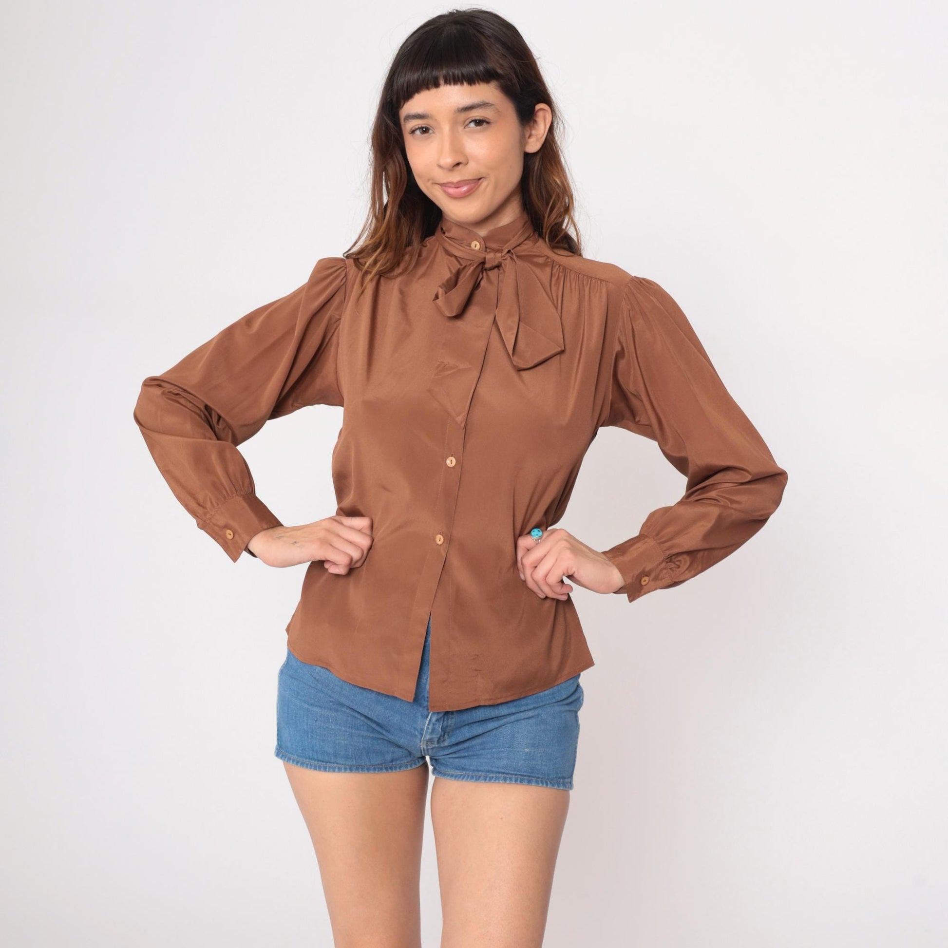 80s Brown Pussy Bow Blouse Long Sleeve Button Front Office Shirt Medium