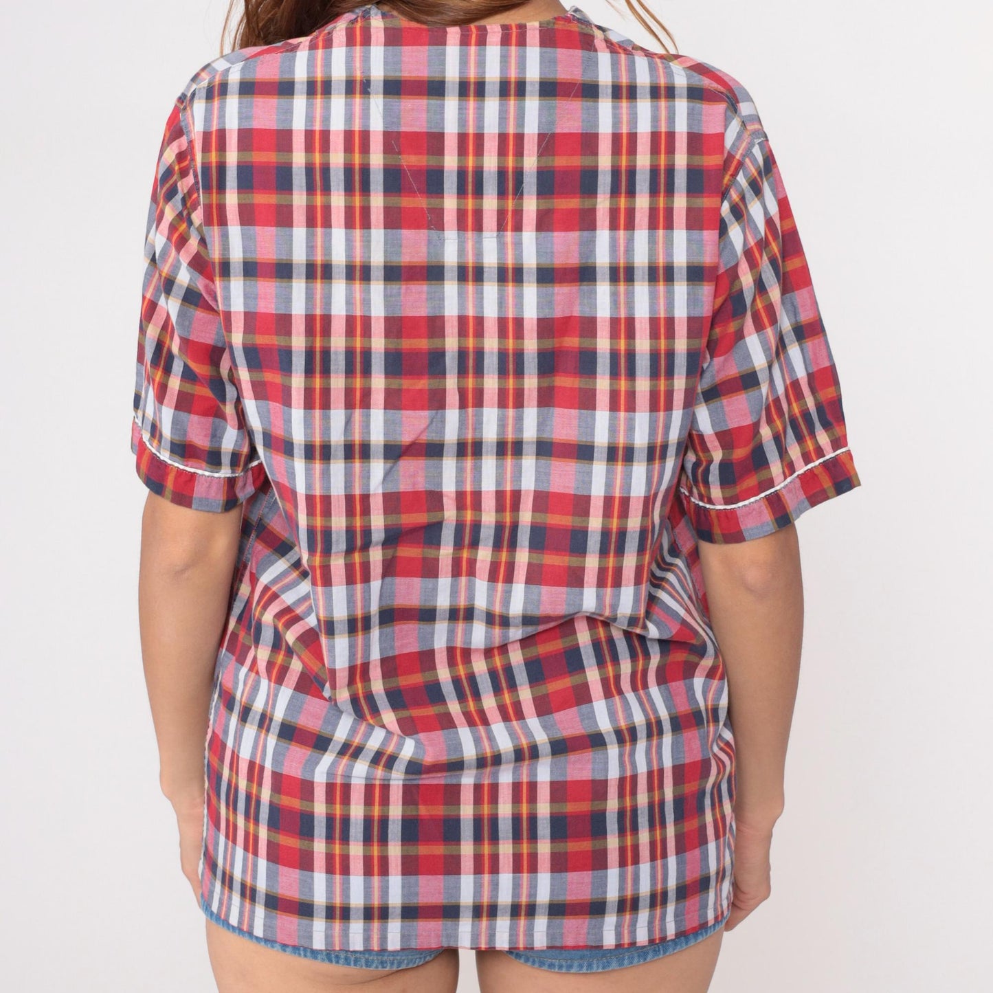 80s Sears Plaid Button-Down Shirt Red White Blue Cotton Small