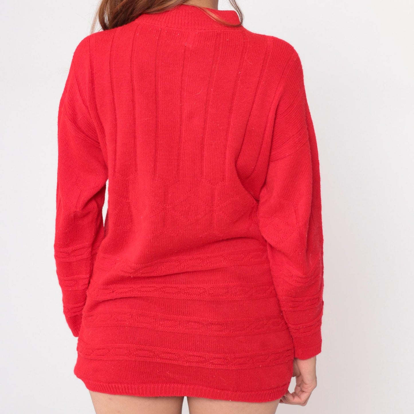 80s Mathias Coral Red Cable Knit Mock Neck Sweater Medium M