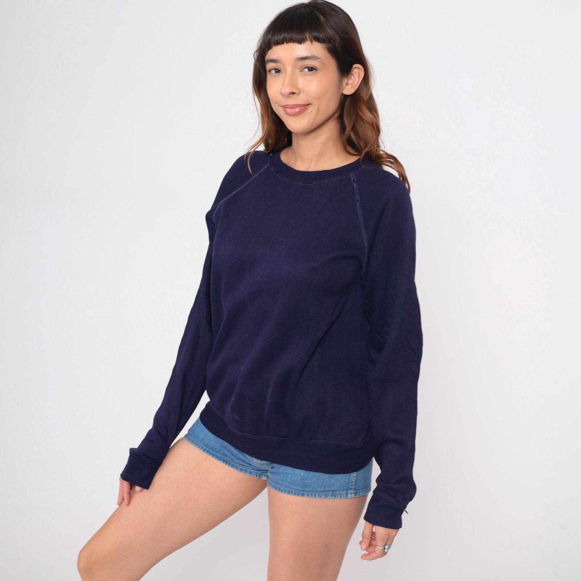 80s Navy Blue Raglan Sweatshirt Crewneck Contrast Topstitching Medium M