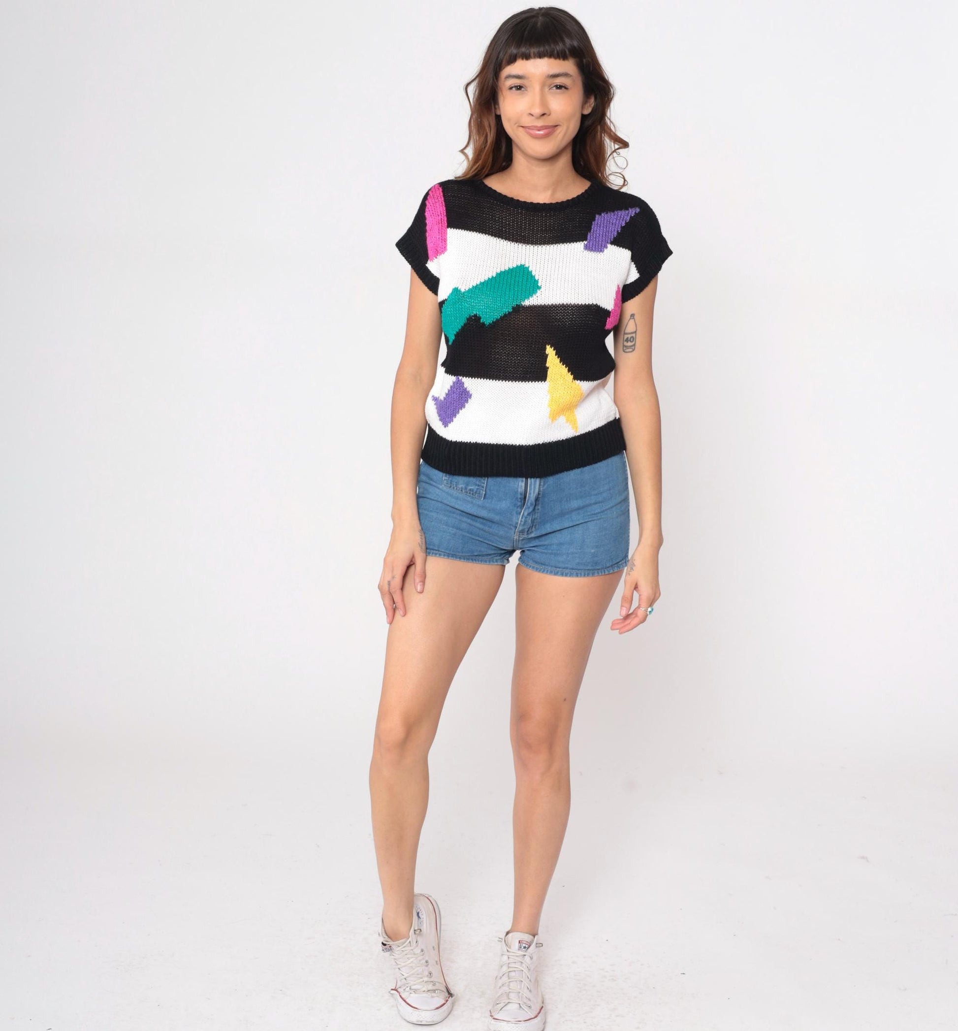 90s Campus Casuals Knit Top Black White Striped Crew Pullover Small S