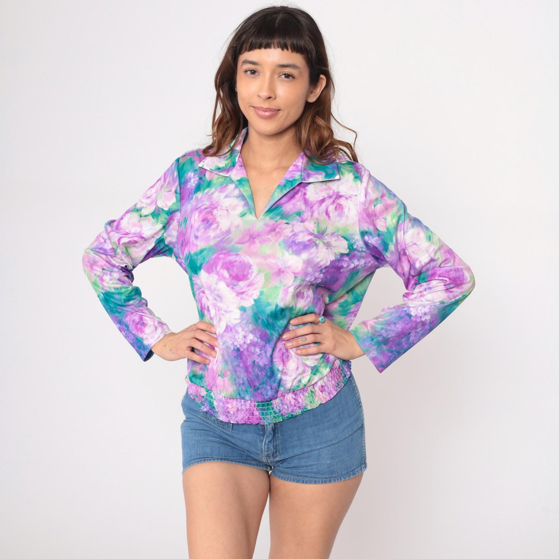 80s Anthony Richards Floral Blouse Purple Lavender Rose Print V-Neck Extra Large