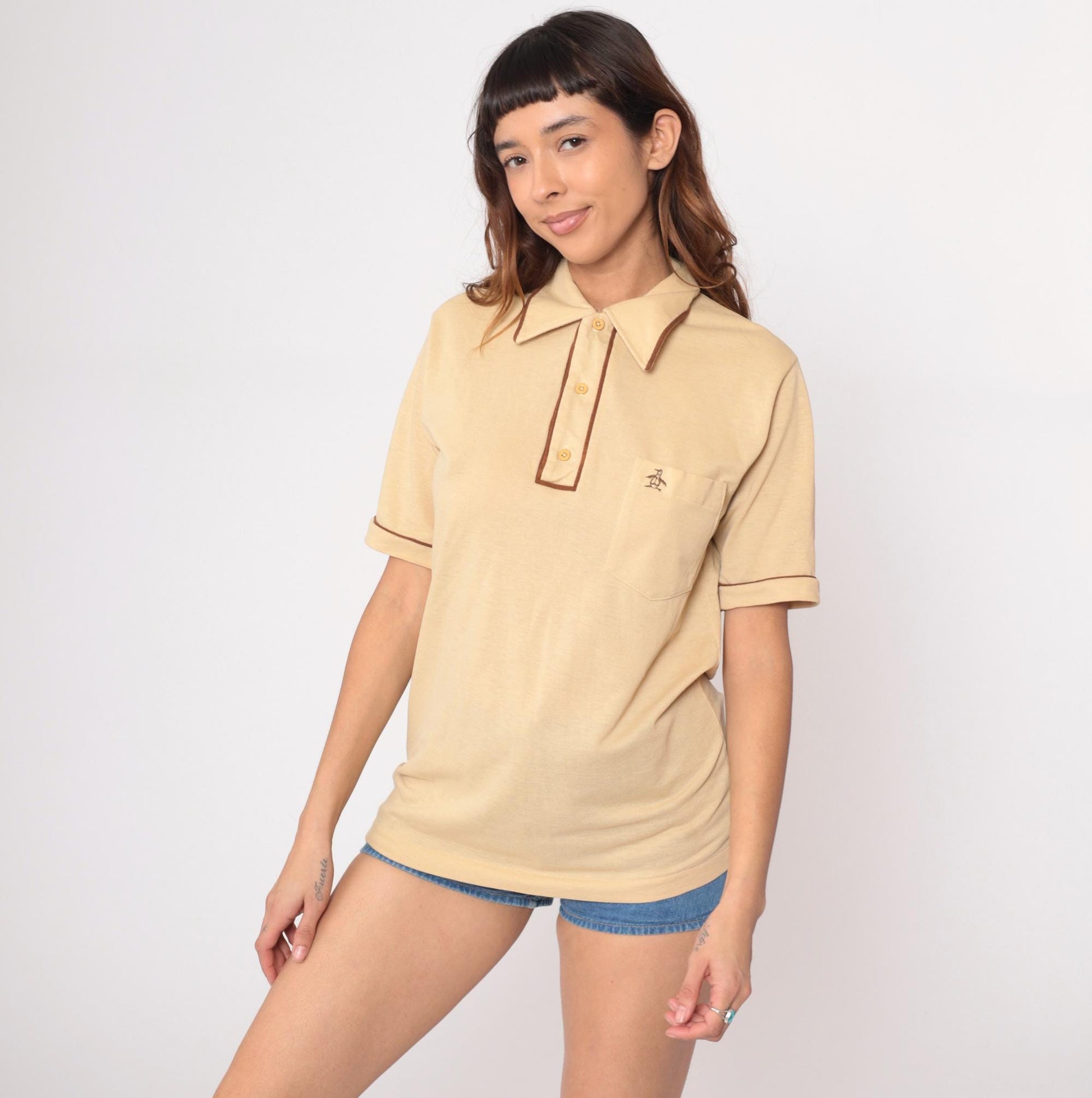 80s Grand Slam Munsingwear Polo Shirt Pale Yellow Brown Piping Medium