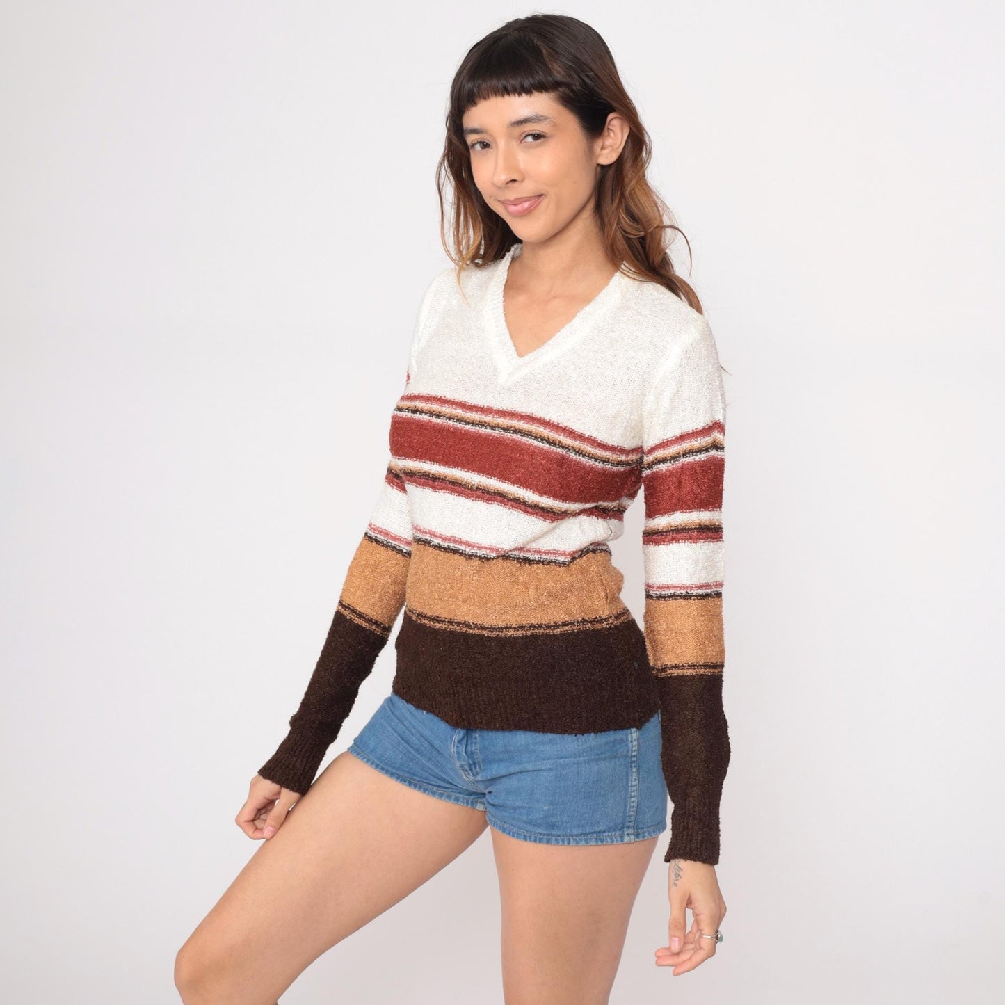 70s Striped V-Neck Pullover Sweater Cream Rust Brown Tan Small