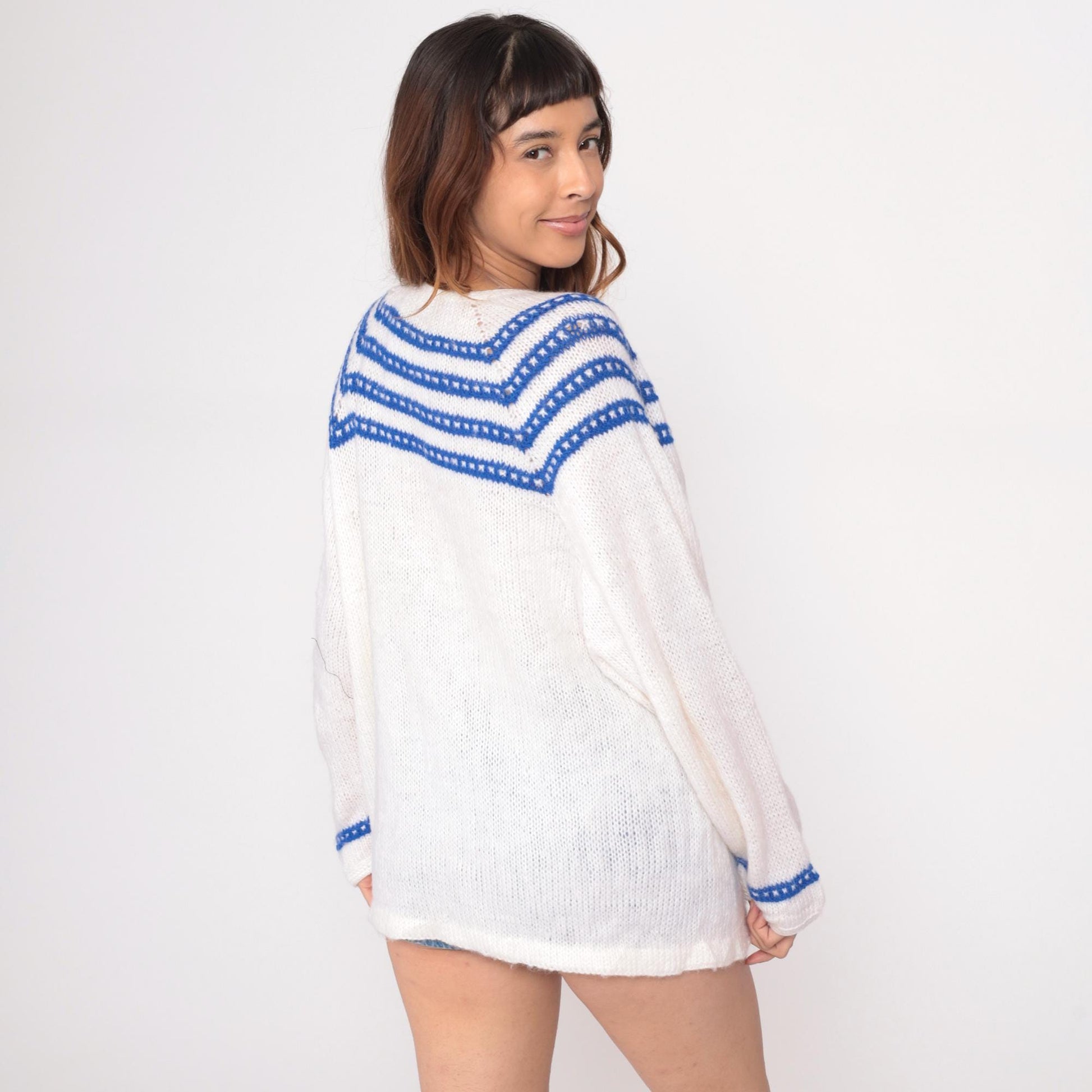 70s White Knit Cardigan Blue Striped Trim V-Neck Long Sleeve Medium