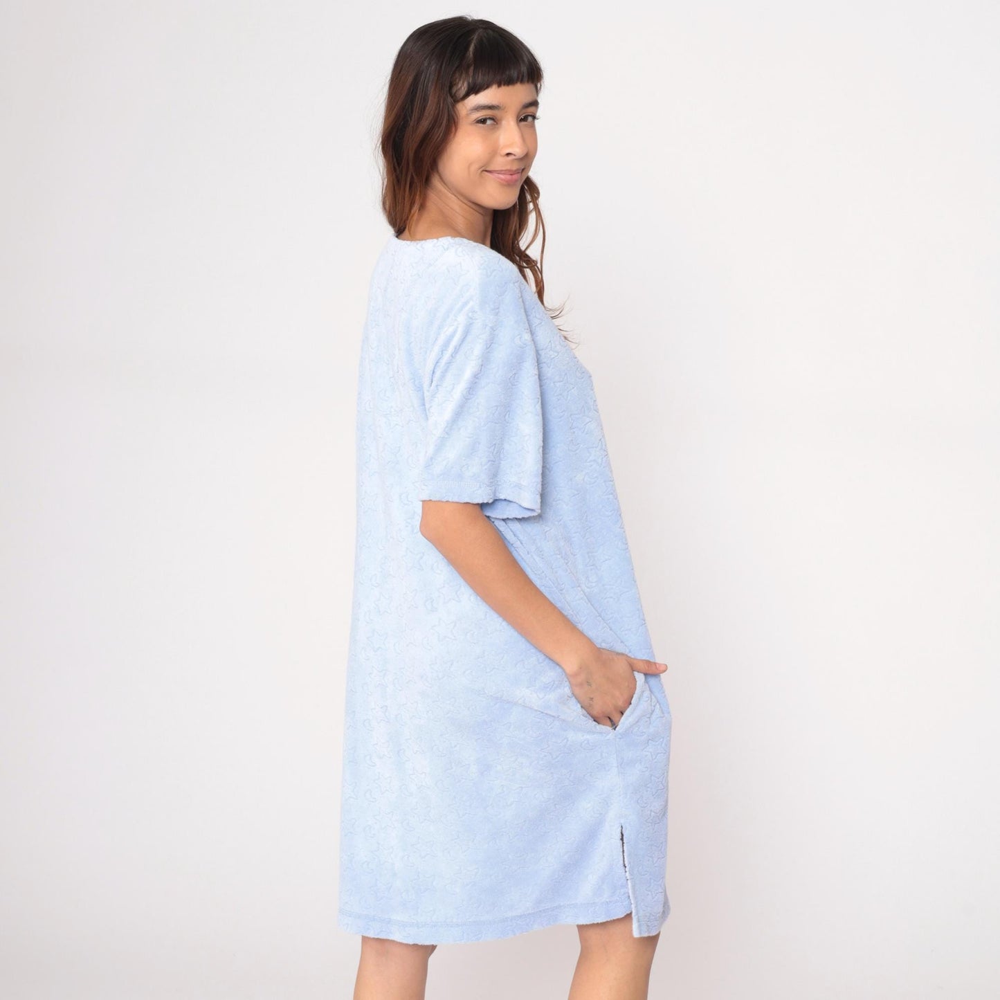 80s Goodnight Celestial Housedress Moon Stars Periwinkle Blue Knee Length Large
