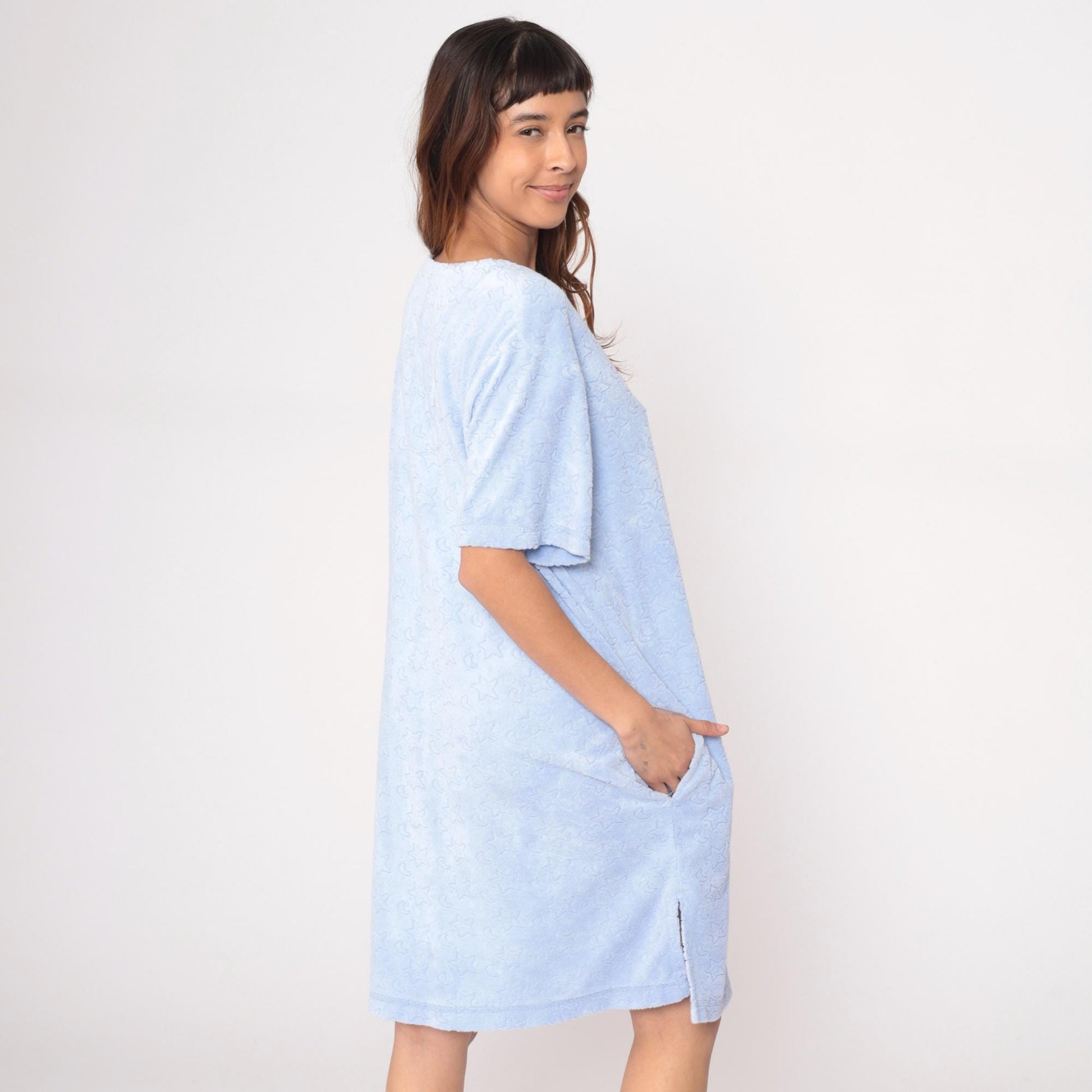 80s Goodnight Celestial Housedress Moon Stars Periwinkle Blue Knee Length Large