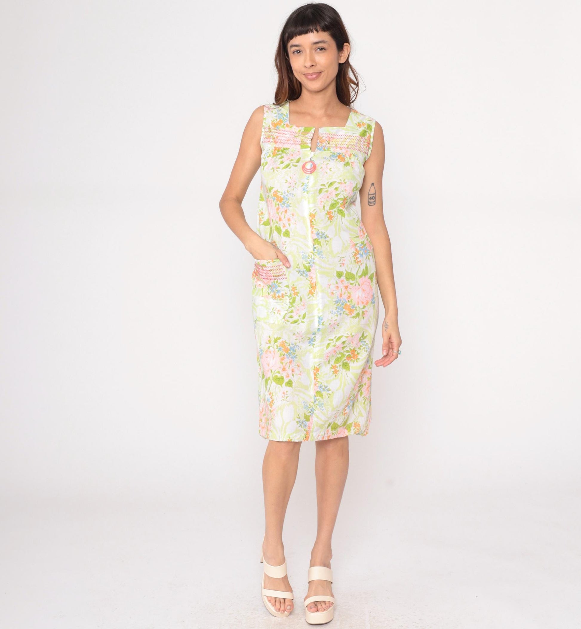 70s JC Penney Floral Maxi Dress Square Neck Smocked Yoke White Extra Small XS