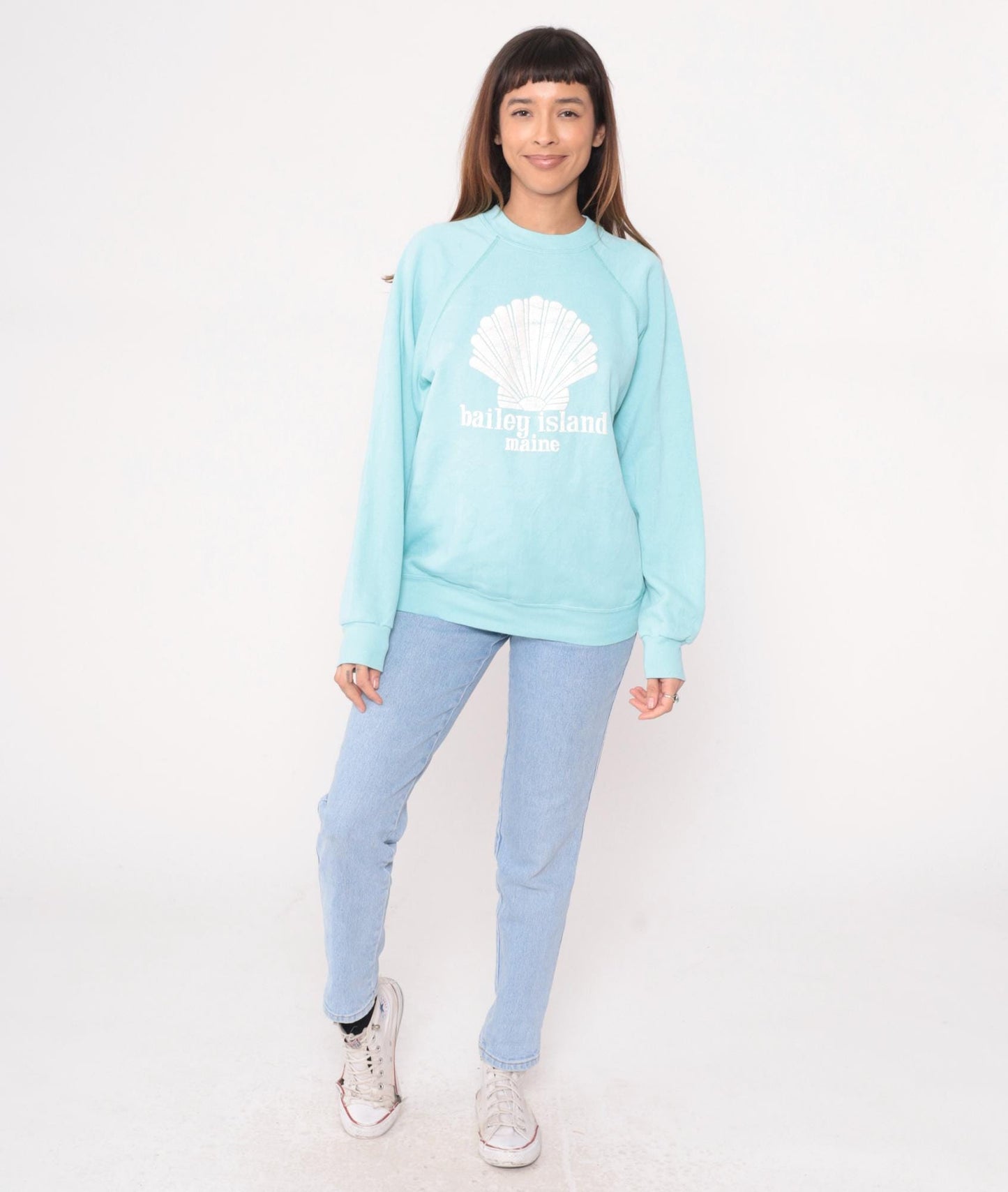 80s Tultex Bailey Island Maine Seashell Raglan Sweatshirt Light Blue Large