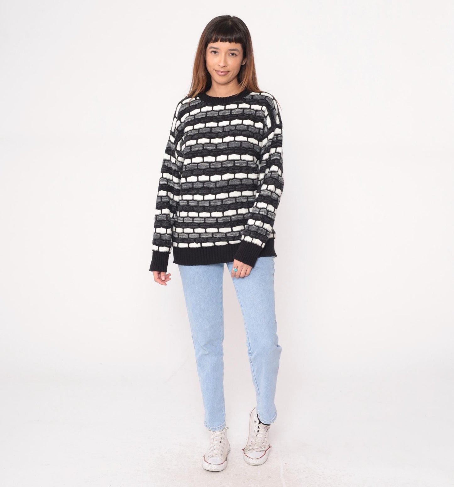 90s Checkpoint Geometric Knit Sweater Black White Grey Brick Pattern Large L