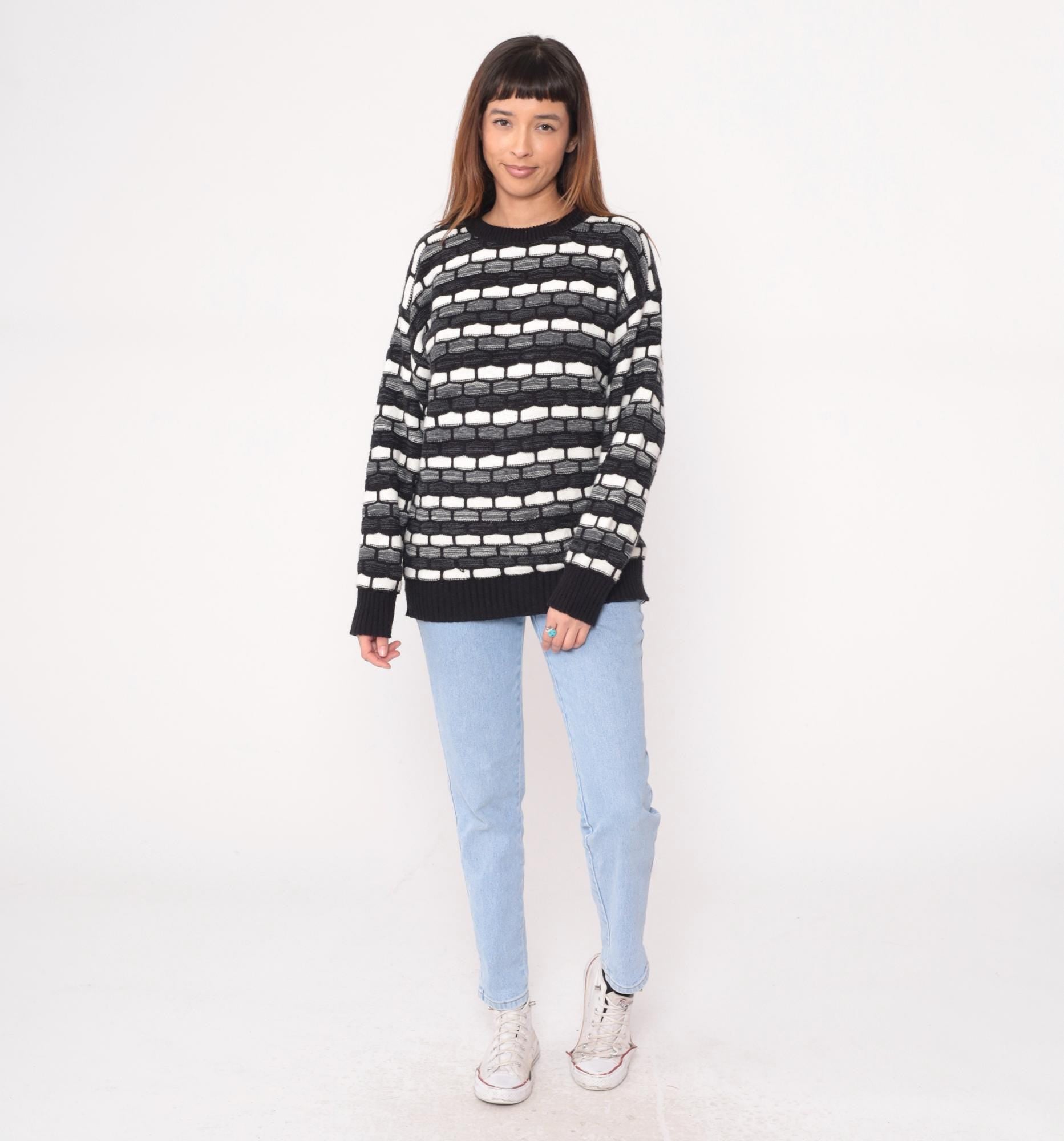 90s Checkpoint Geometric Knit Sweater Black White Grey Brick Pattern Large L