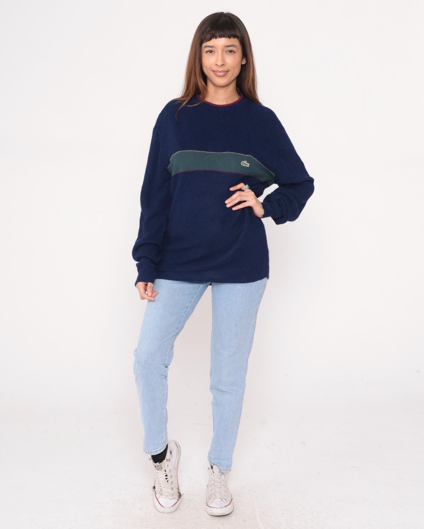 80s Izod Lacoste Navy Sweater Green Stripe Crocodile Crew Neck Large