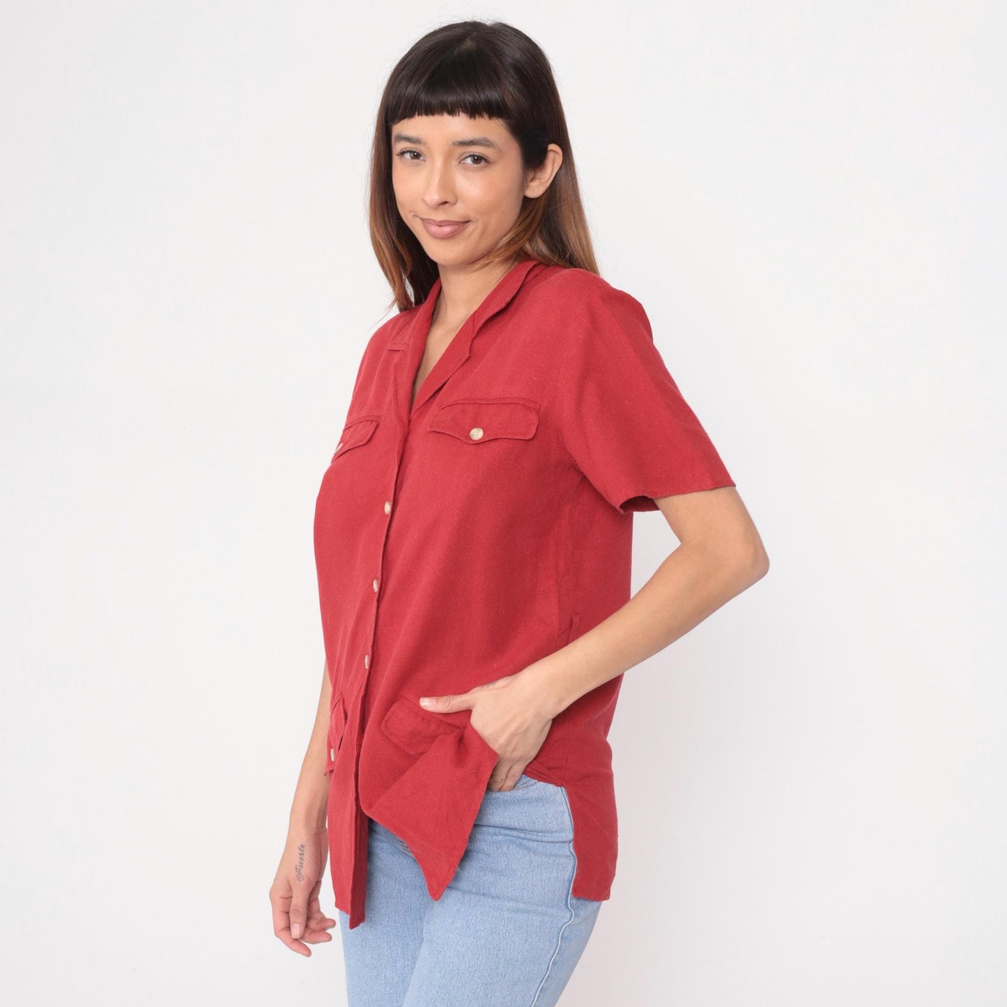 Y2K Anna and Frank Silk Safari Shirt Red Camp Collar Button Front Small S