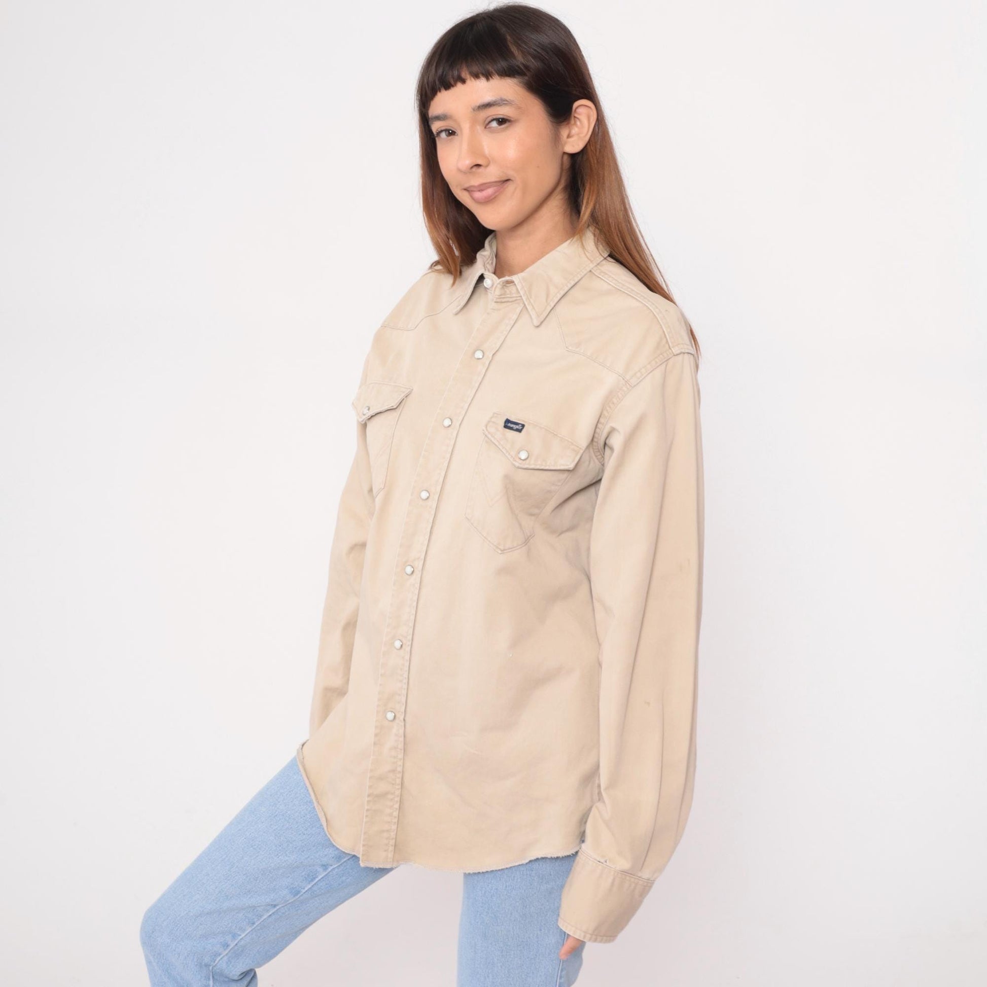 90s Wrangler Western Shirt Beige Cotton Pearl Snap Workwear Extra Large XL