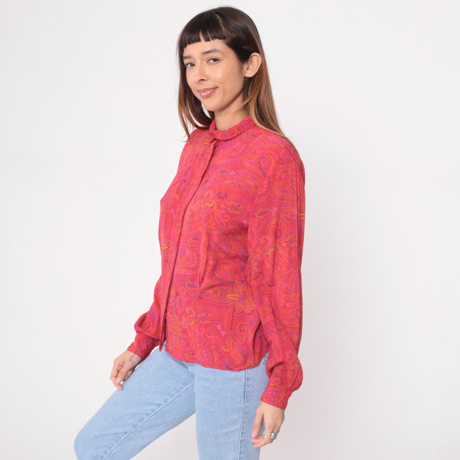 90s Evan Picone Coral Paisley Blouse Long Sleeve Pointed Collar Medium