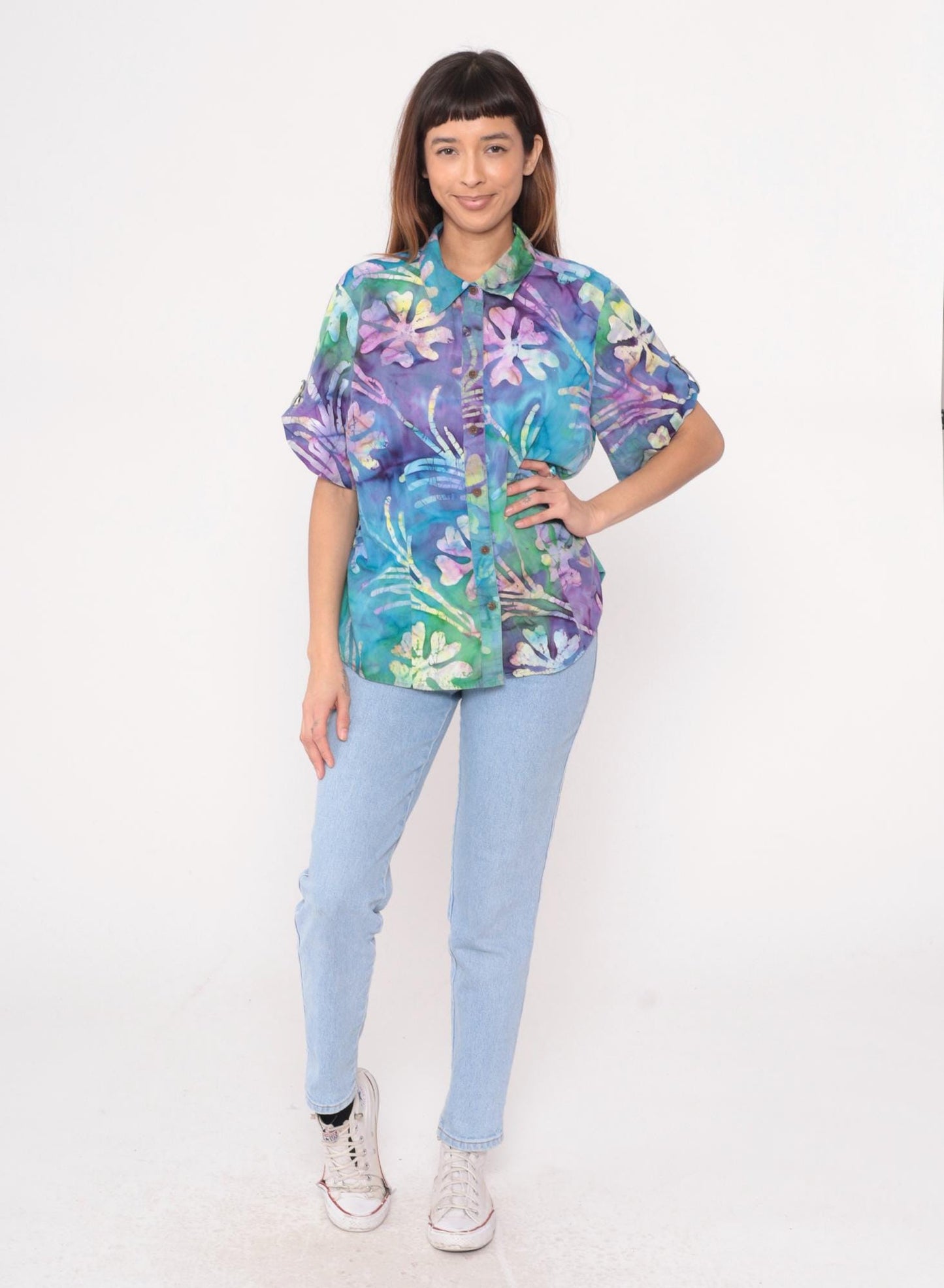 Y2K Caribbean Joe Tropical Floral Button-Up Shirt Purple Blue Green Plus Size 1X
