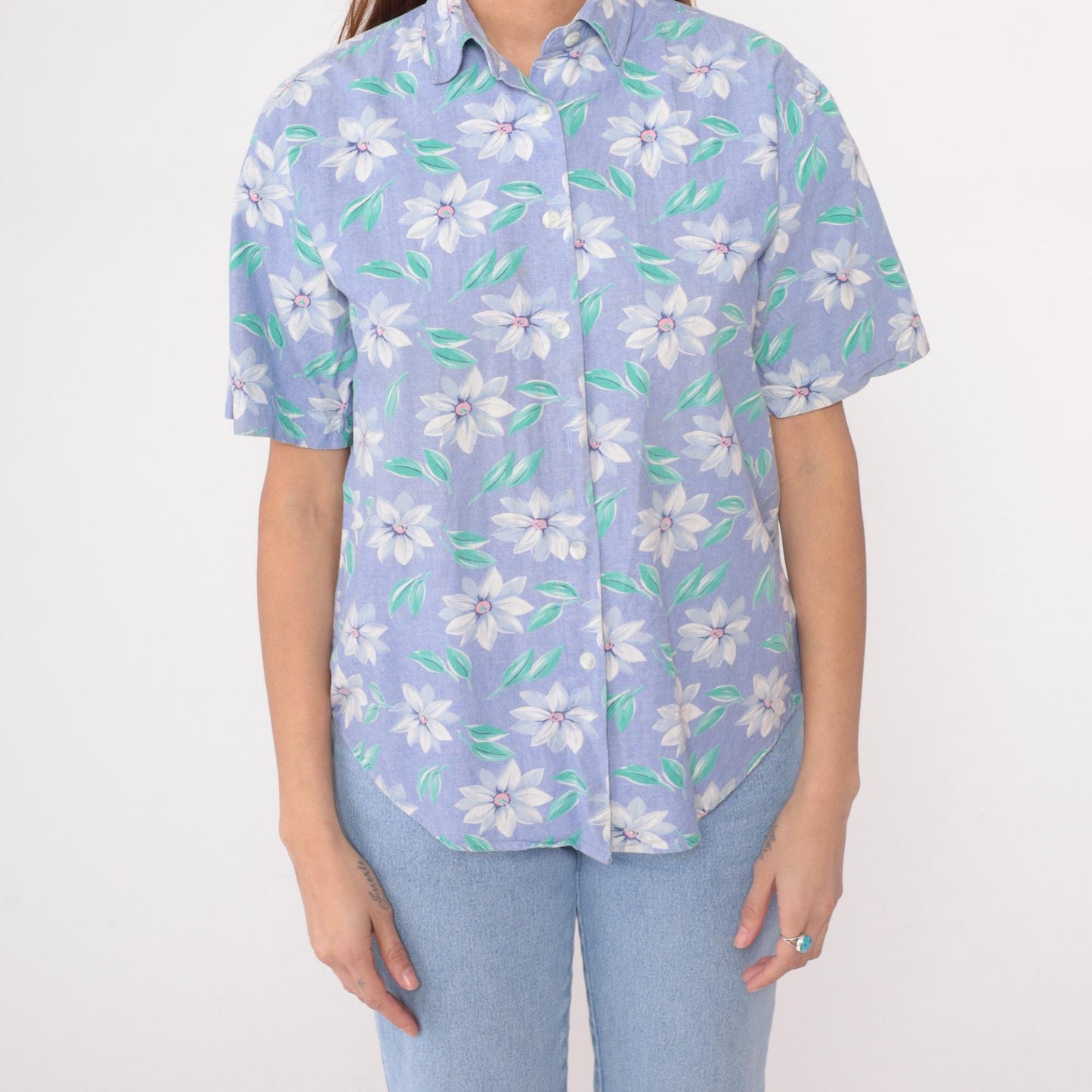 90s Picone Sport Purple Floral Cotton Blouse Short Sleeve Collared Small