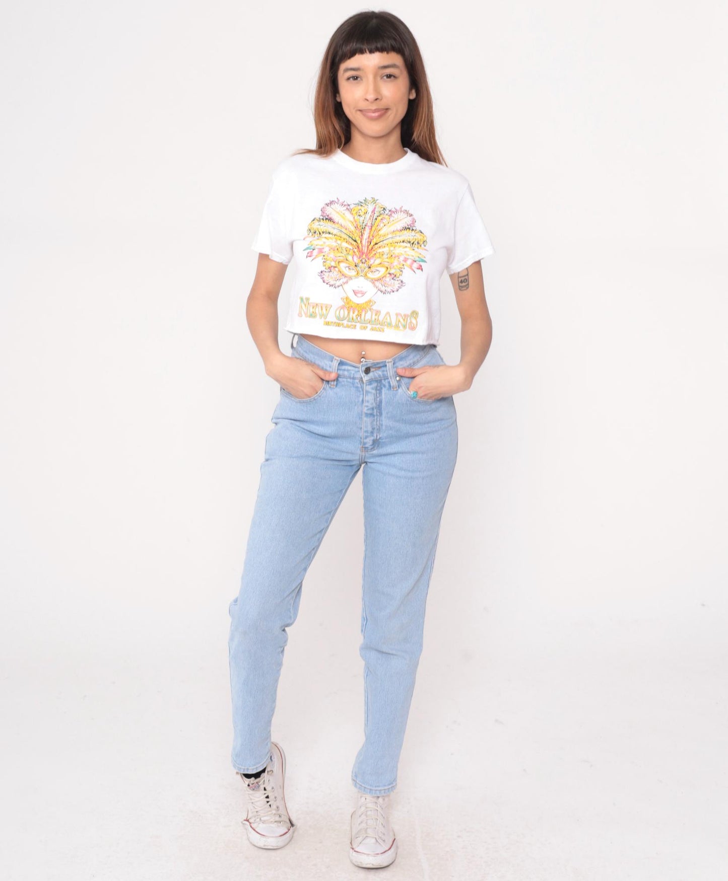 90s New Orleans Jazz Mardi Gras Crop Top White Graphic Tee Small S
