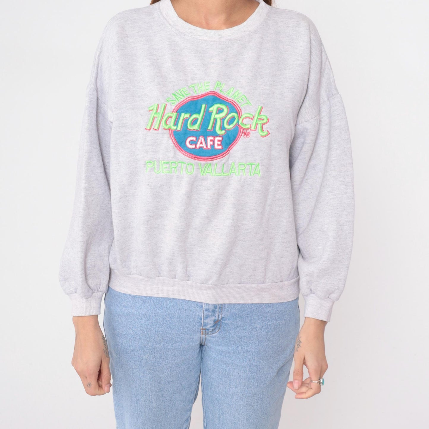 90s Hard Rock Cafe Puerto Vallarta Sweatshirt Heather Grey Embroidered Logo Large