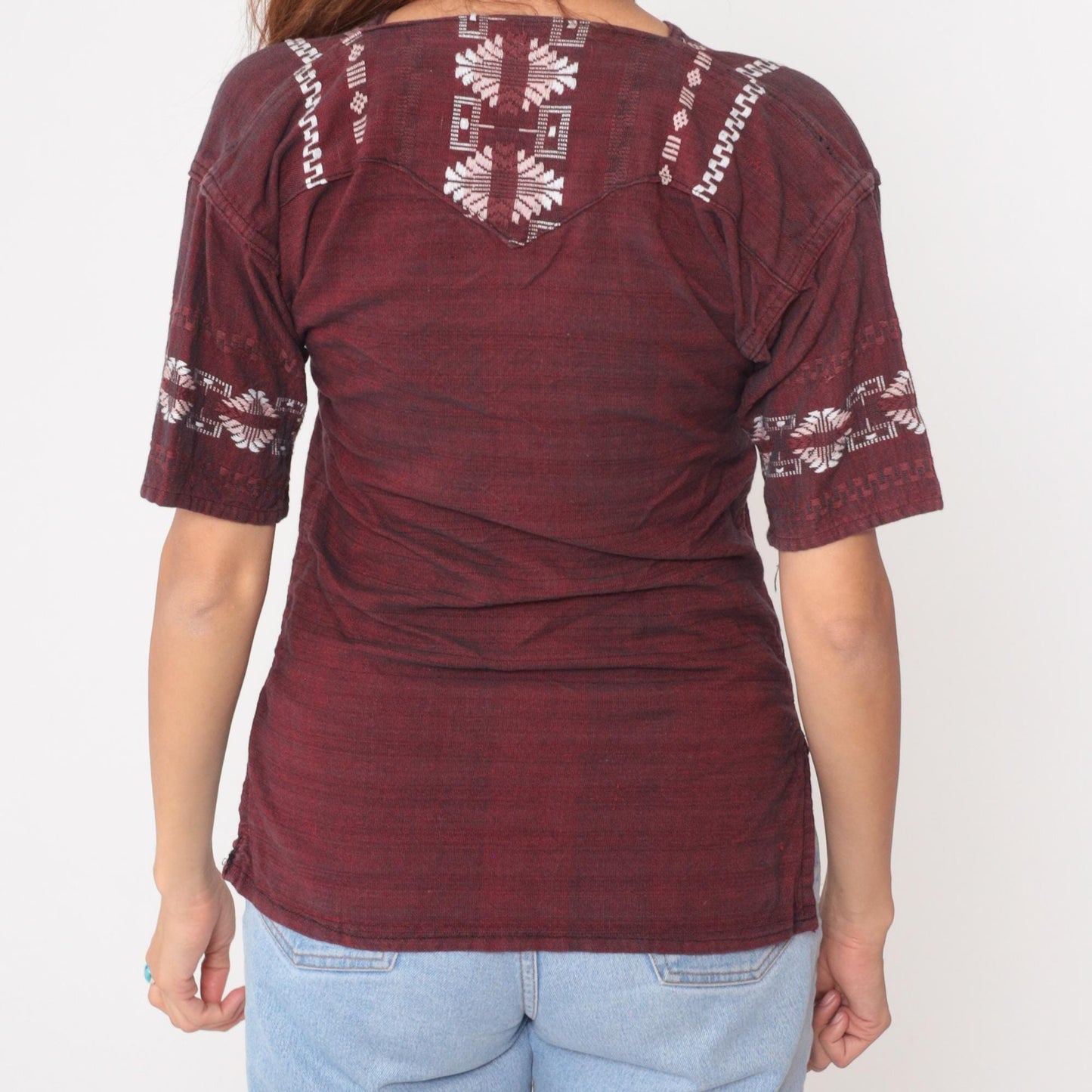 90s Burgundy Embroidered Cotton Blouse V-Neck Geometric Tribal Pattern Small