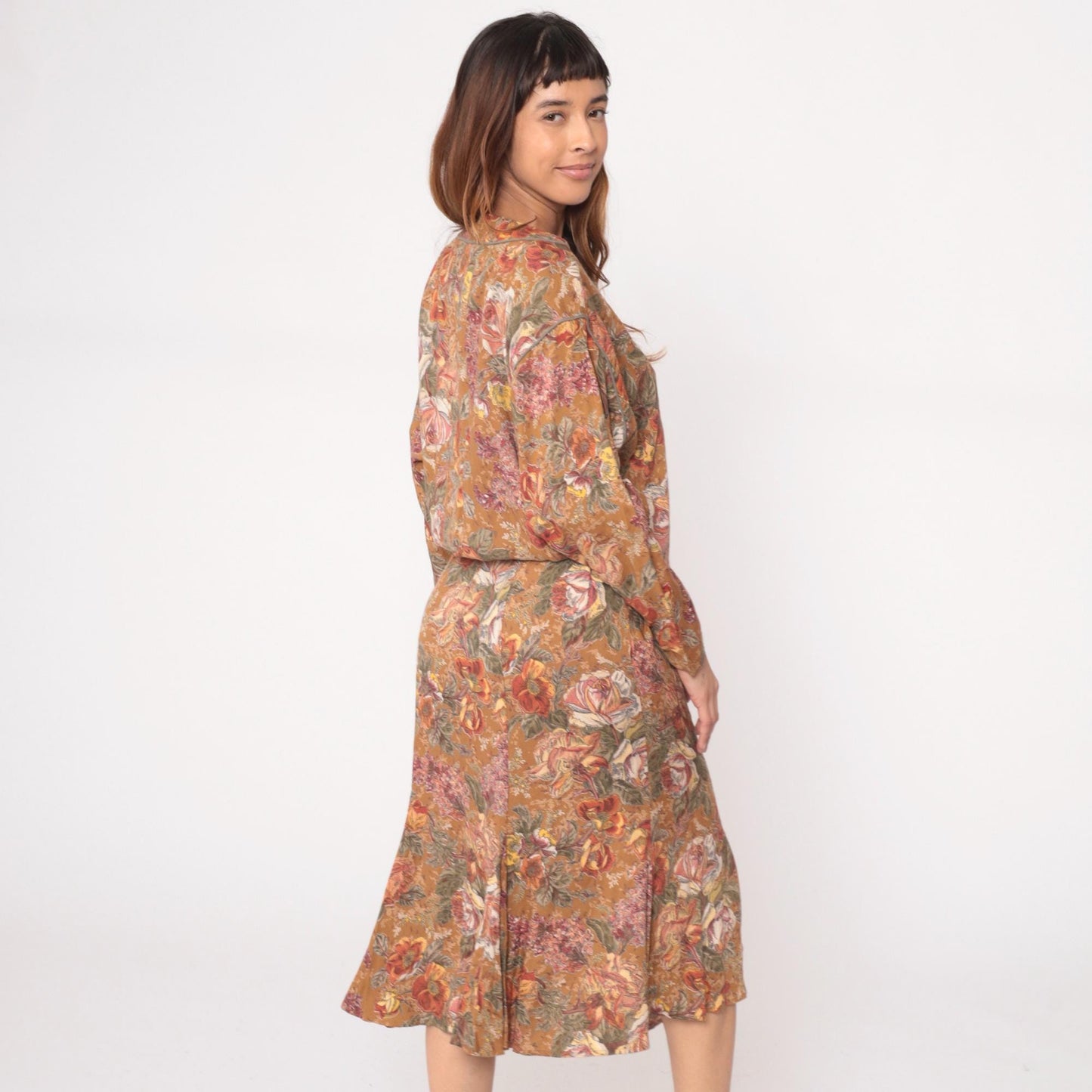 90s Carole Little Floral Midi Dress Long Sleeve Blouson Waist Brown Medium