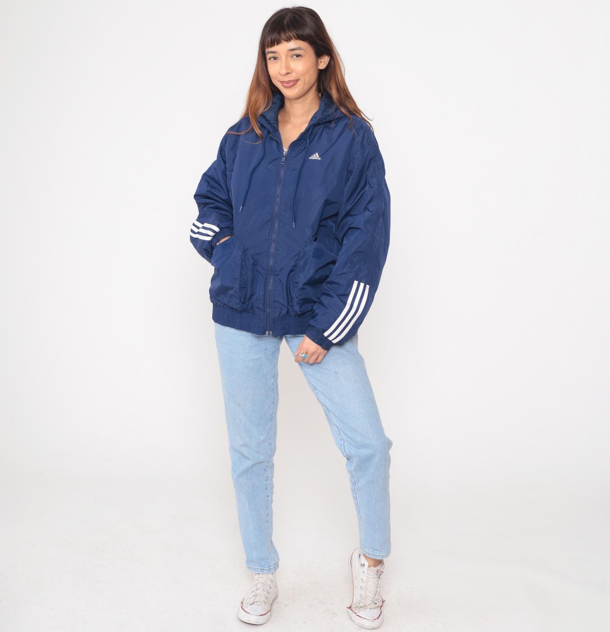80s Adidas Navy Hooded Windbreaker Full Zip Three Stripe Small