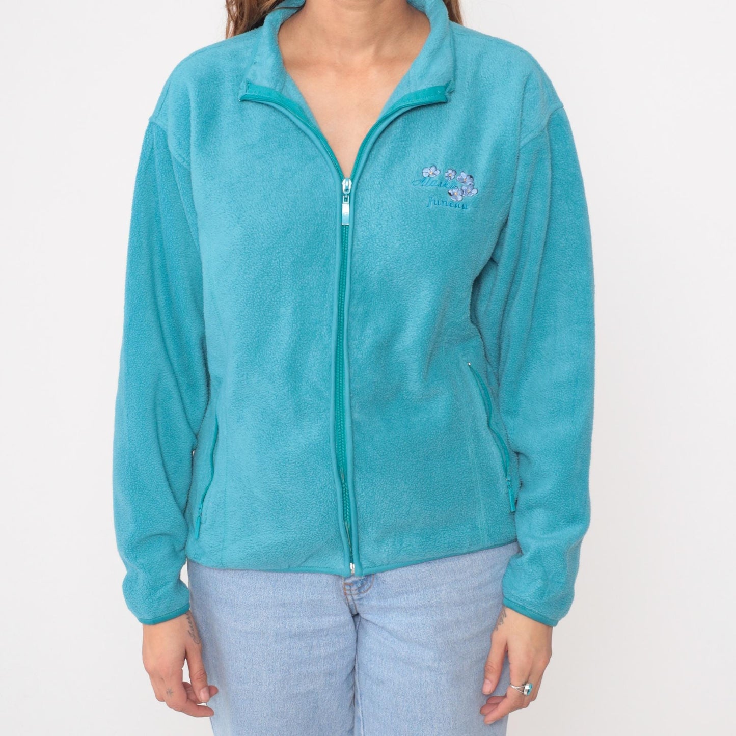 Y2K Turquoise Fleece Jacket Embroidered Floral Juneau Alaska Small