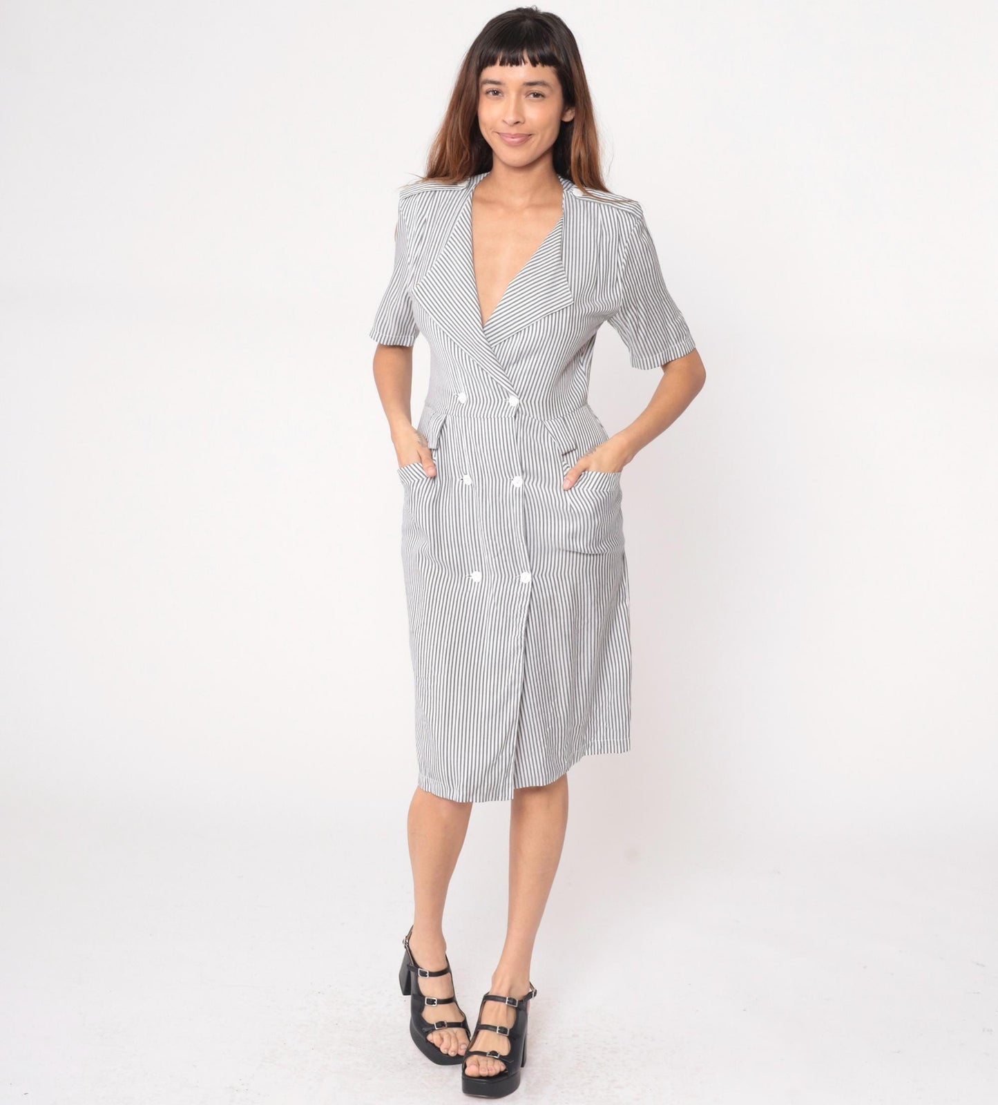 90s Pinstriped Blazer Dress Grey White Double Breasted Midi Medium M
