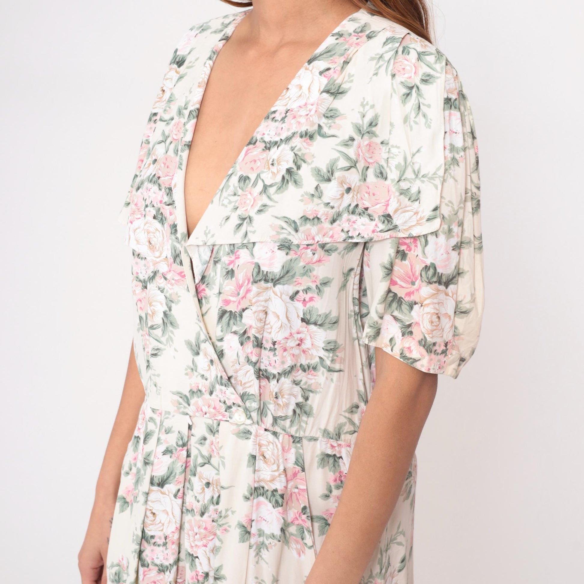 90s Jessica Ryan Floral Midi Dress Pink Rose Print Cream Flutter Sleeve Large