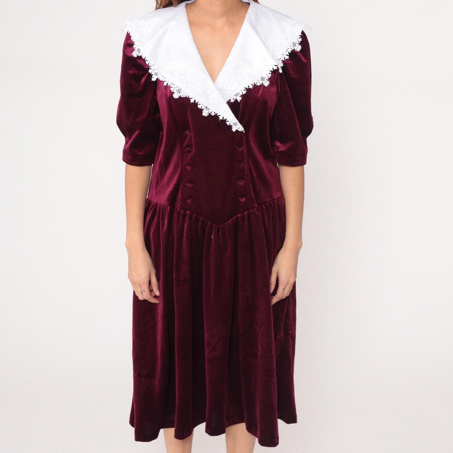 90s Burgundy Velvet Midi Dress White Lace Collar Drop Waist Puff Sleeves Large