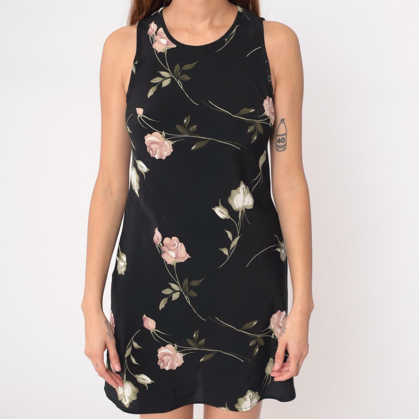 90s Sense Floral Mini Dress Black Pink Rose Keyhole Back Medium M