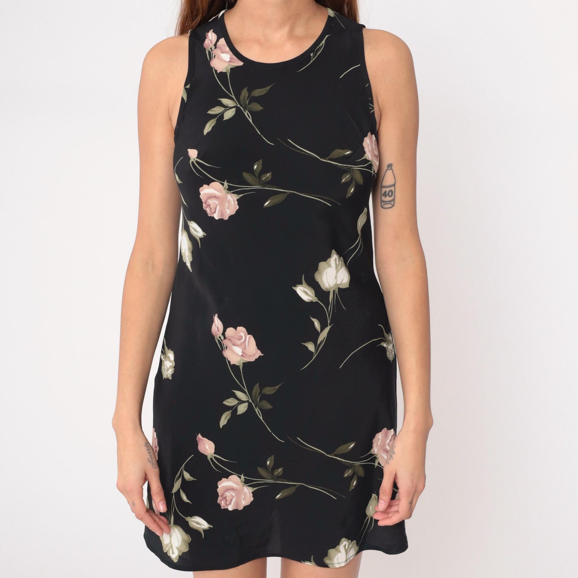 90s Sense Floral Mini Dress Black Pink Rose Keyhole Back Medium M