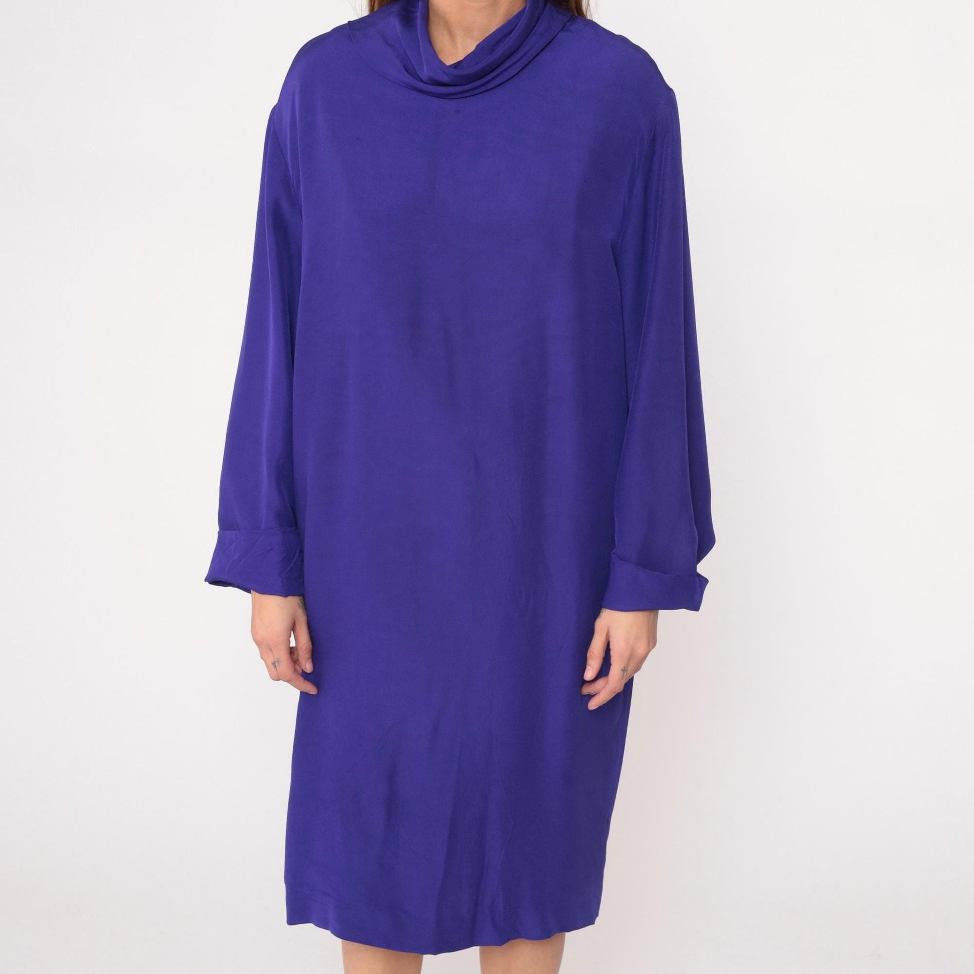 90s YL by Yair Purple Silk Dress Cowl Neck Long Sleeve Knee-Length Large L