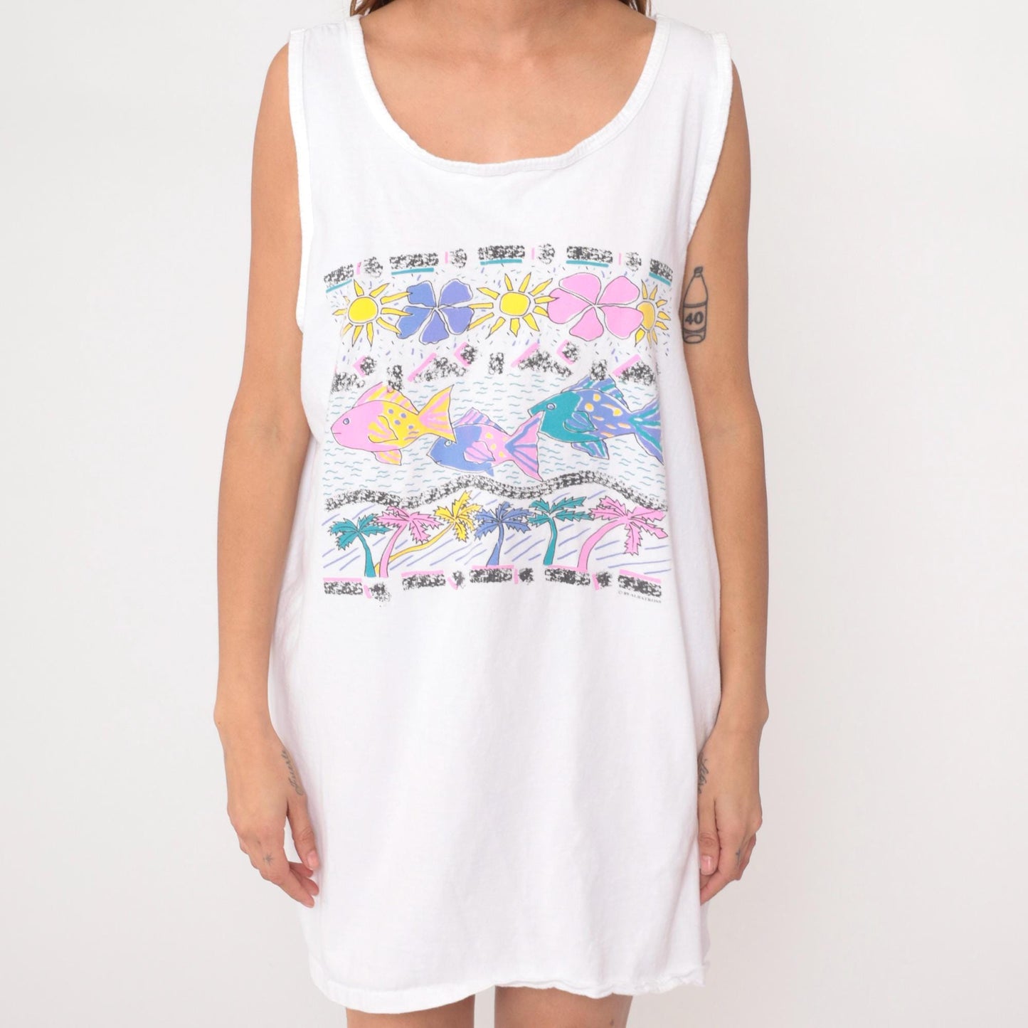 80s White House Tropical Fish Floral Mini Dress Sleeveless Cotton One Size