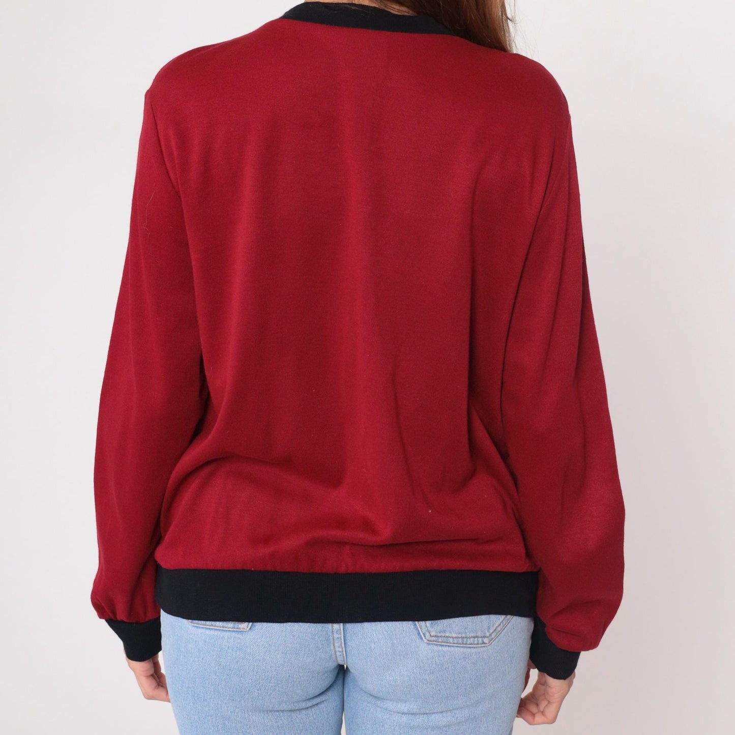 90s Cricket Lane Burgundy Houndstooth Cardigan Black Trim Medium M