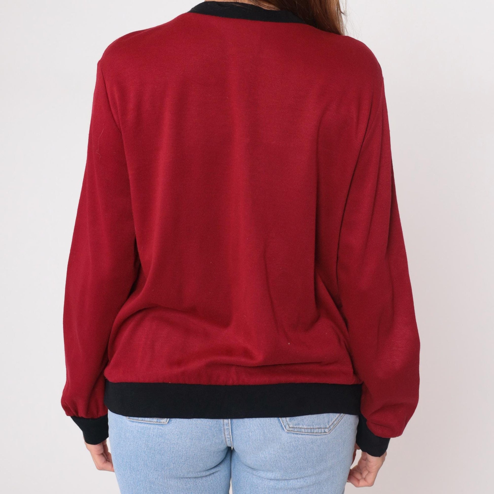 90s Cricket Lane Burgundy Houndstooth Cardigan Black Trim Medium M