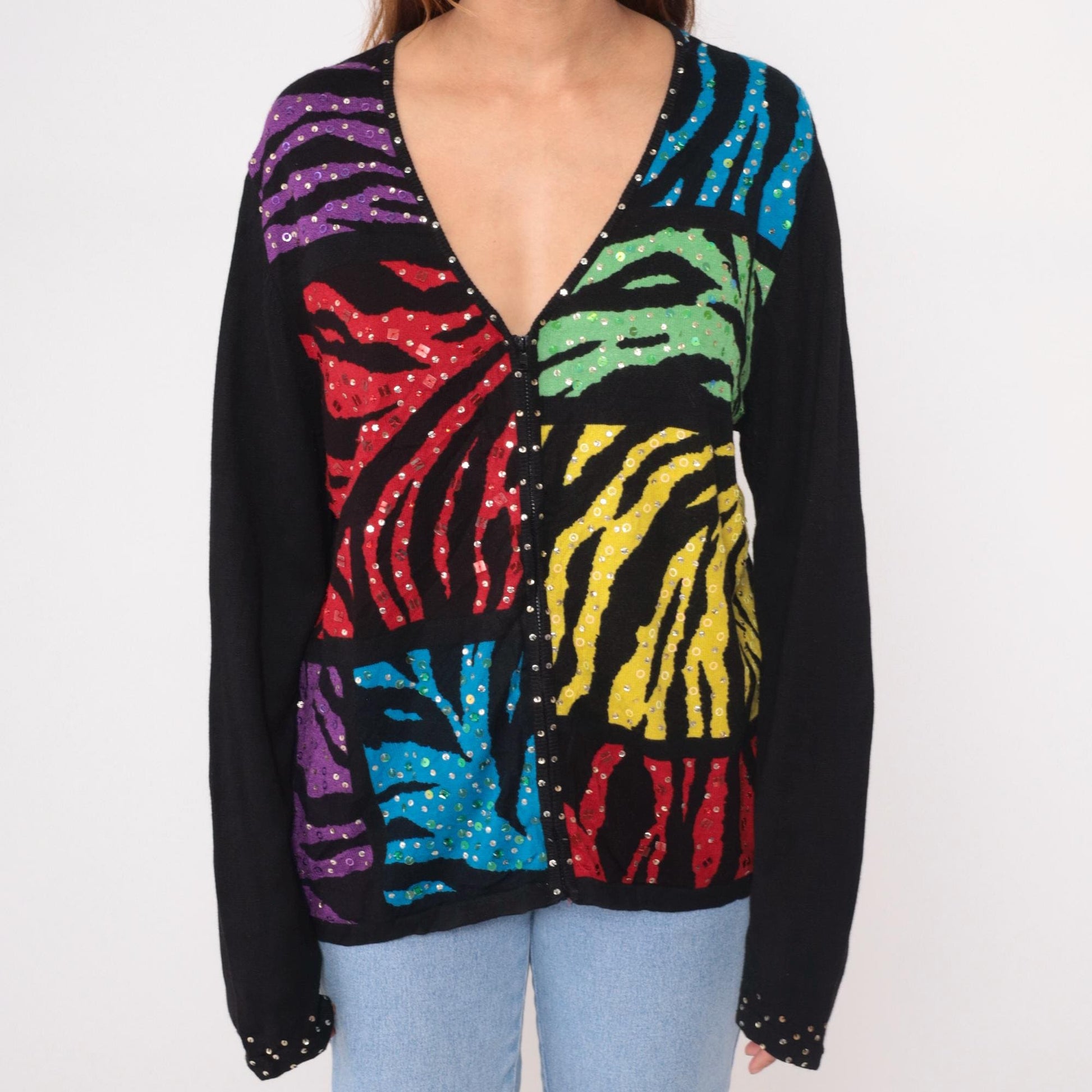Y2K Jack B Quick Sequin Cardigan Zebra Stripe Multicolor Black Large L