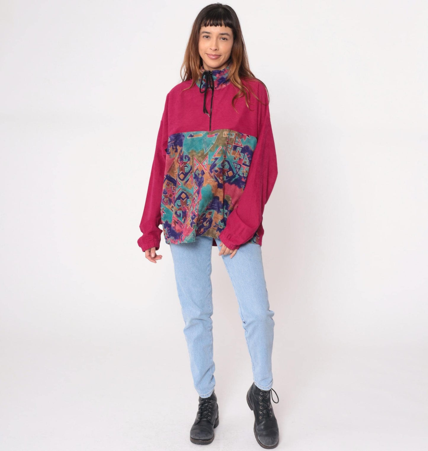 90s Sun Triangle Hot Pink Fleece Half-Zip Pullover Geometric Pattern Large