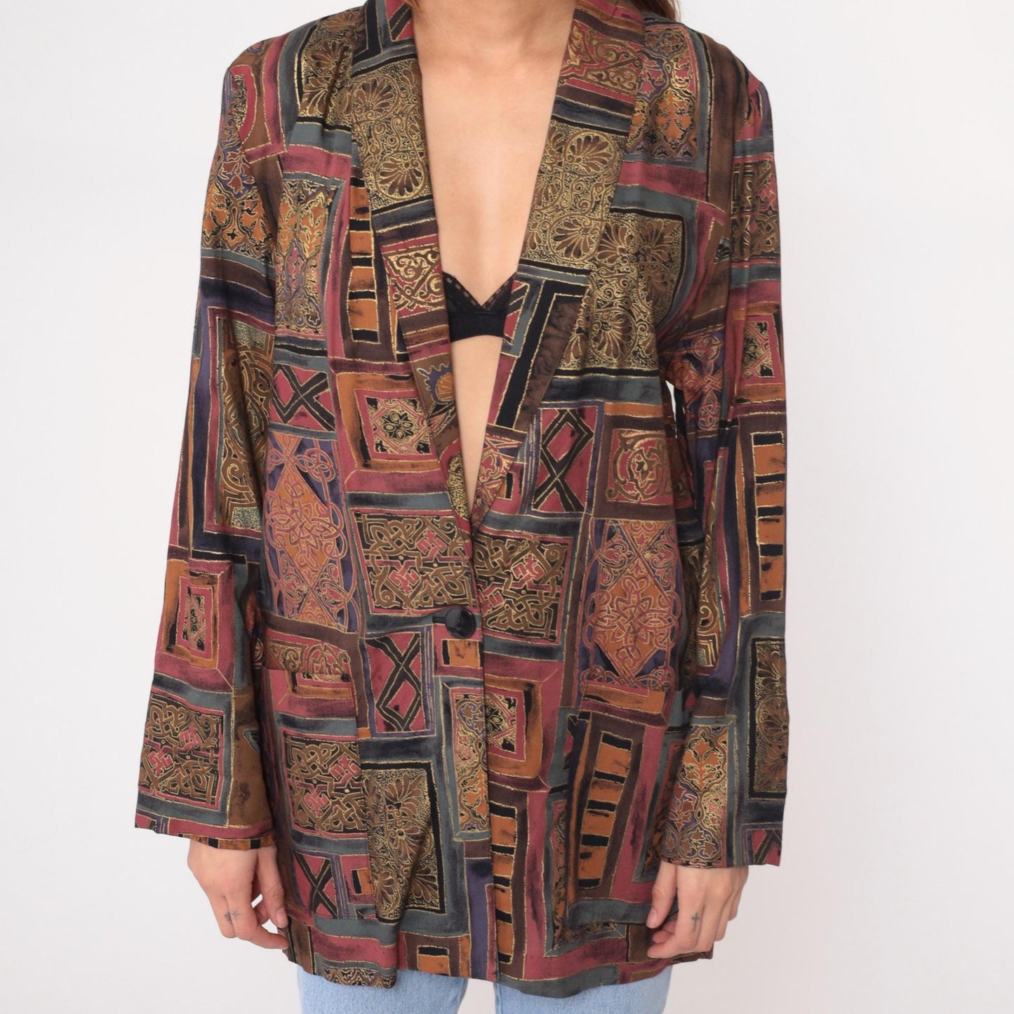 90s Kensington Square Patchwork Blazer Burgundy Brown Geometric Medium M