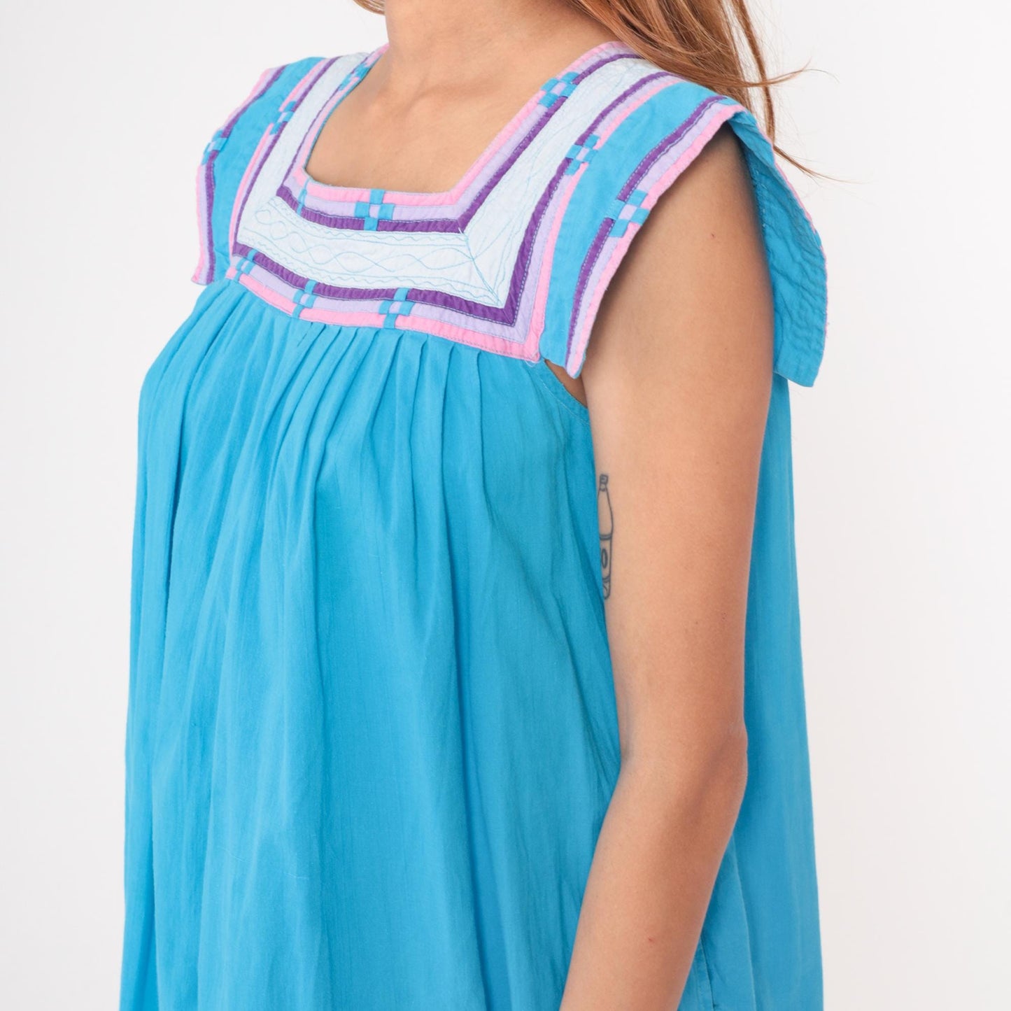 80s Turquoise Terry Cloth Dress Empire Waist Geometric Trim Cotton Large