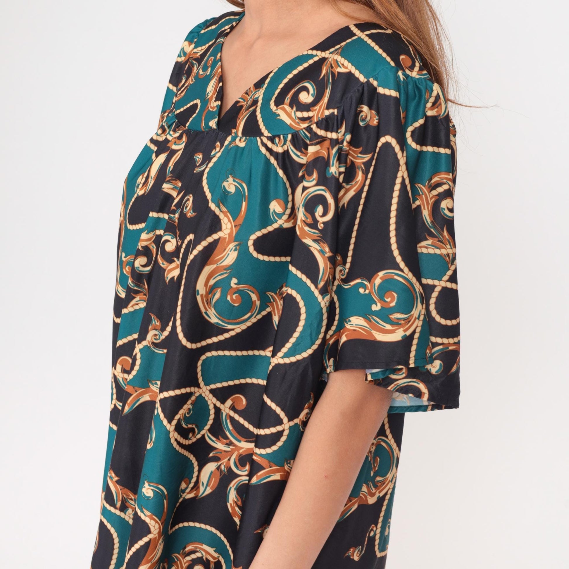 Y2K Anthony Richards Paisley Scroll Dress Teal Black Kimono Sleeve Plus Size XXL