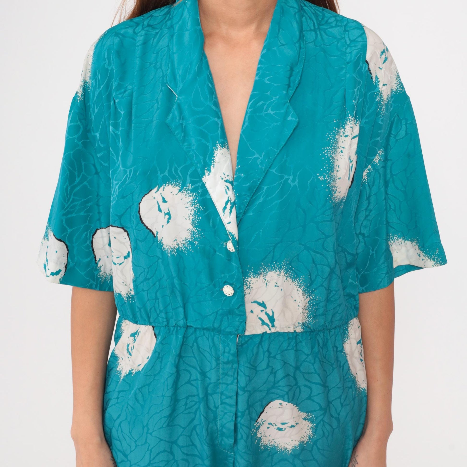 80s Turquoise Jumpsuit Floral Print Button Front Notched Collar Medium M