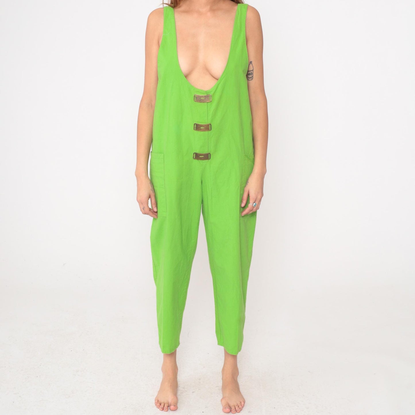 80s Ginger Neon Green Jumpsuit Deep V Sleeveless Cotton Cropped Medium M