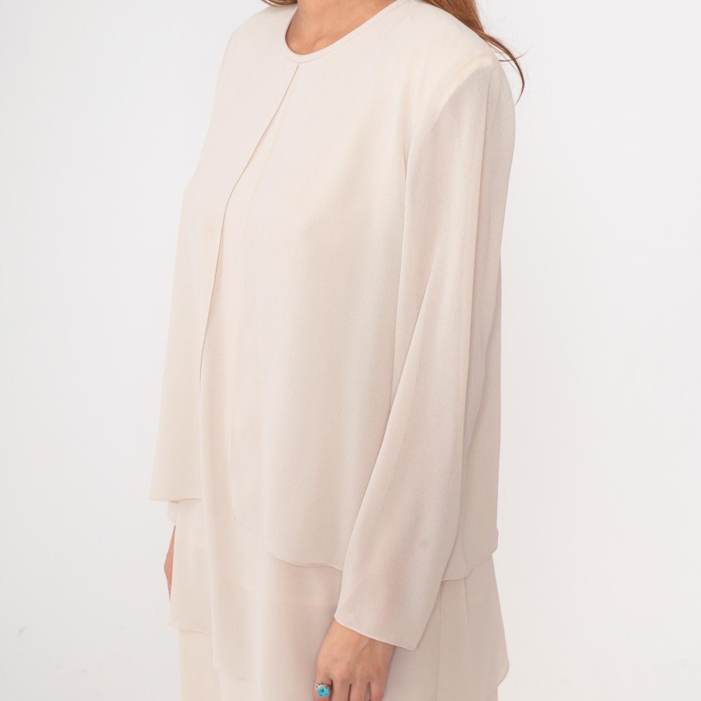 90s After Dark Cream Layered Dress Long Sleeve Round Neck Large L