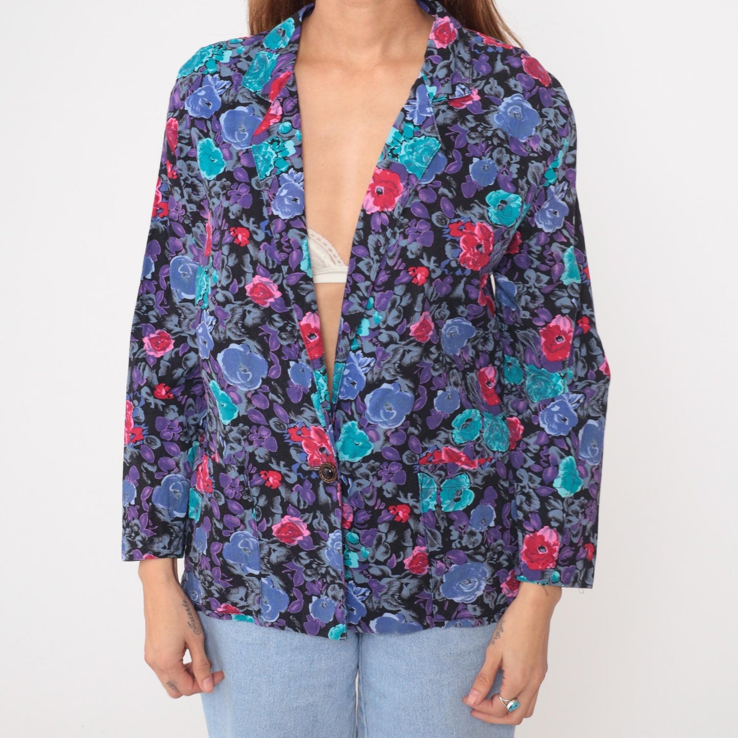 90s Floral Blazer Single Button Notched Lapel Long Sleeve Black Multi Medium M