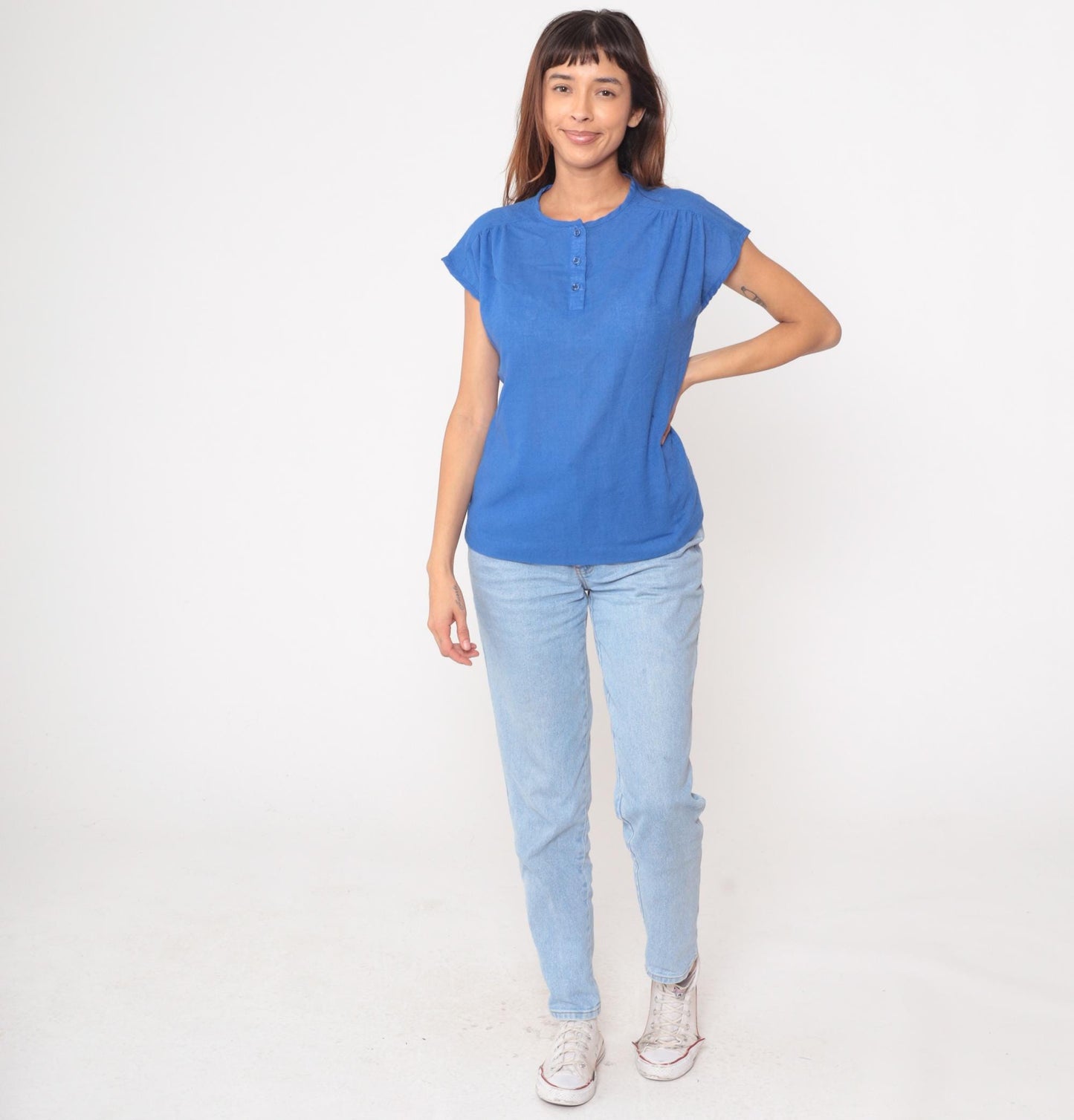 80s Catalina Cotton Blue Button Blouse Gathered Yoke Cap Sleeves Medium