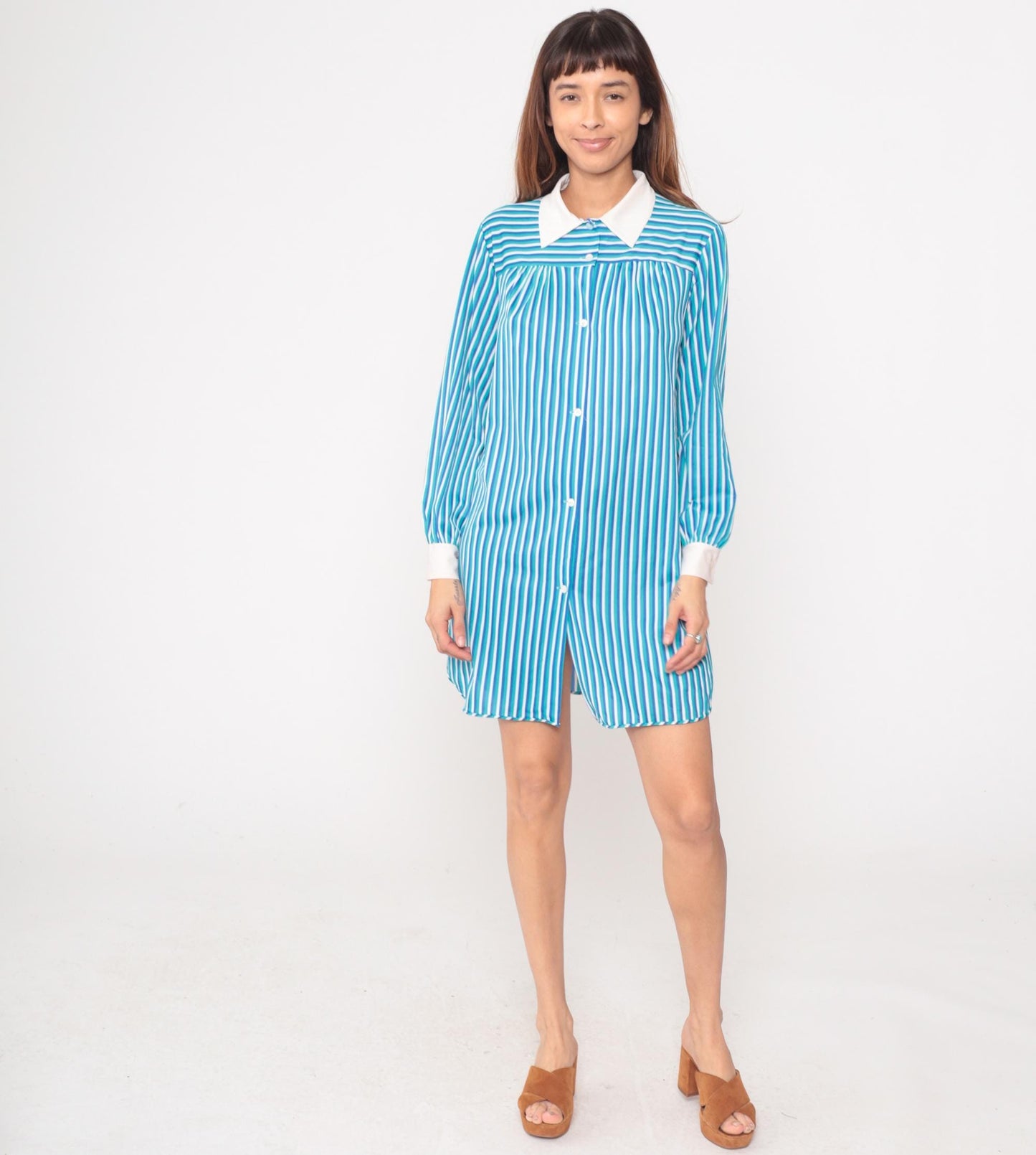 60s Blue White Striped Mini Dress Button Front Mod Shift Medium