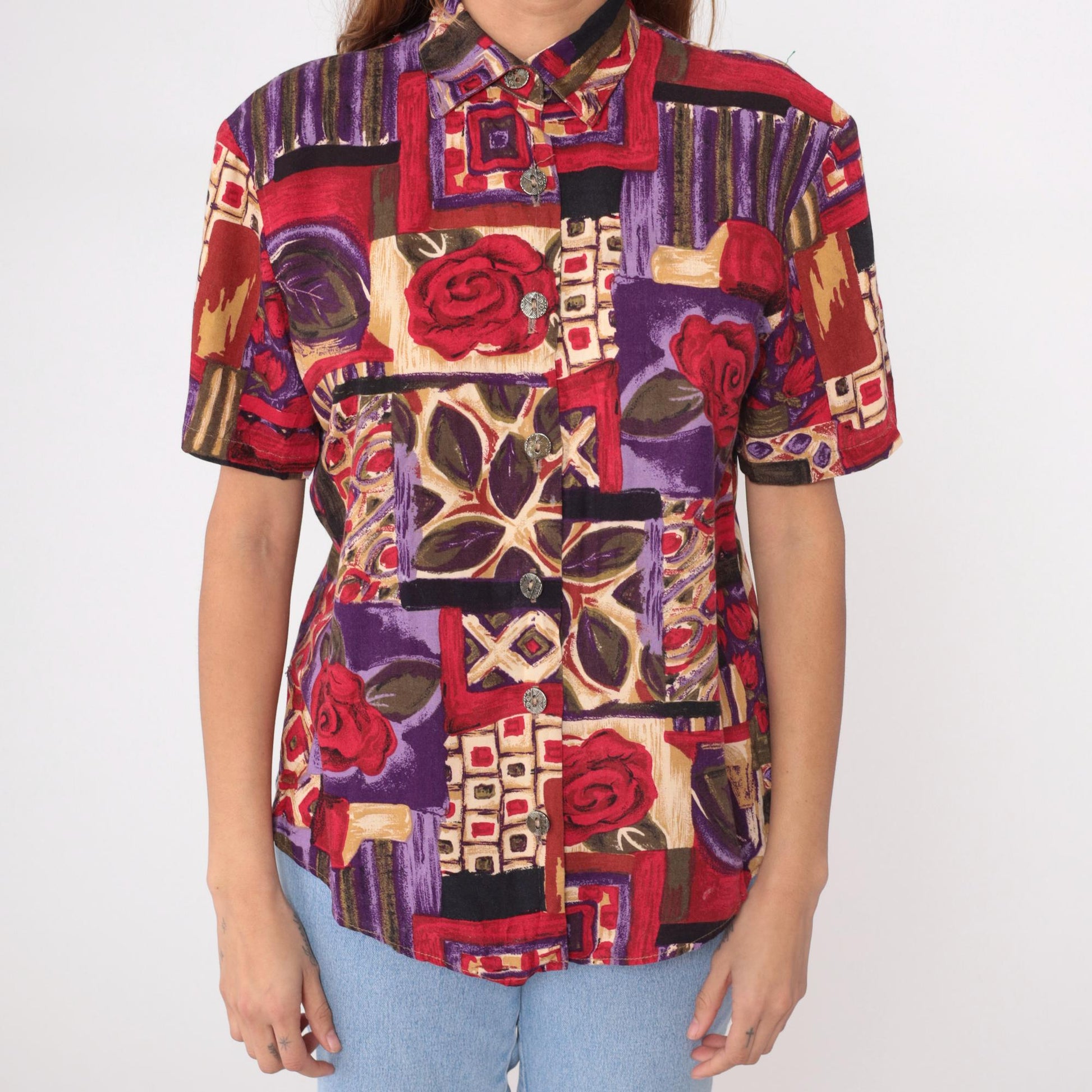 90s Patchwork Abstract Button-Up Shirt Geometric Rose Print Purple Medium