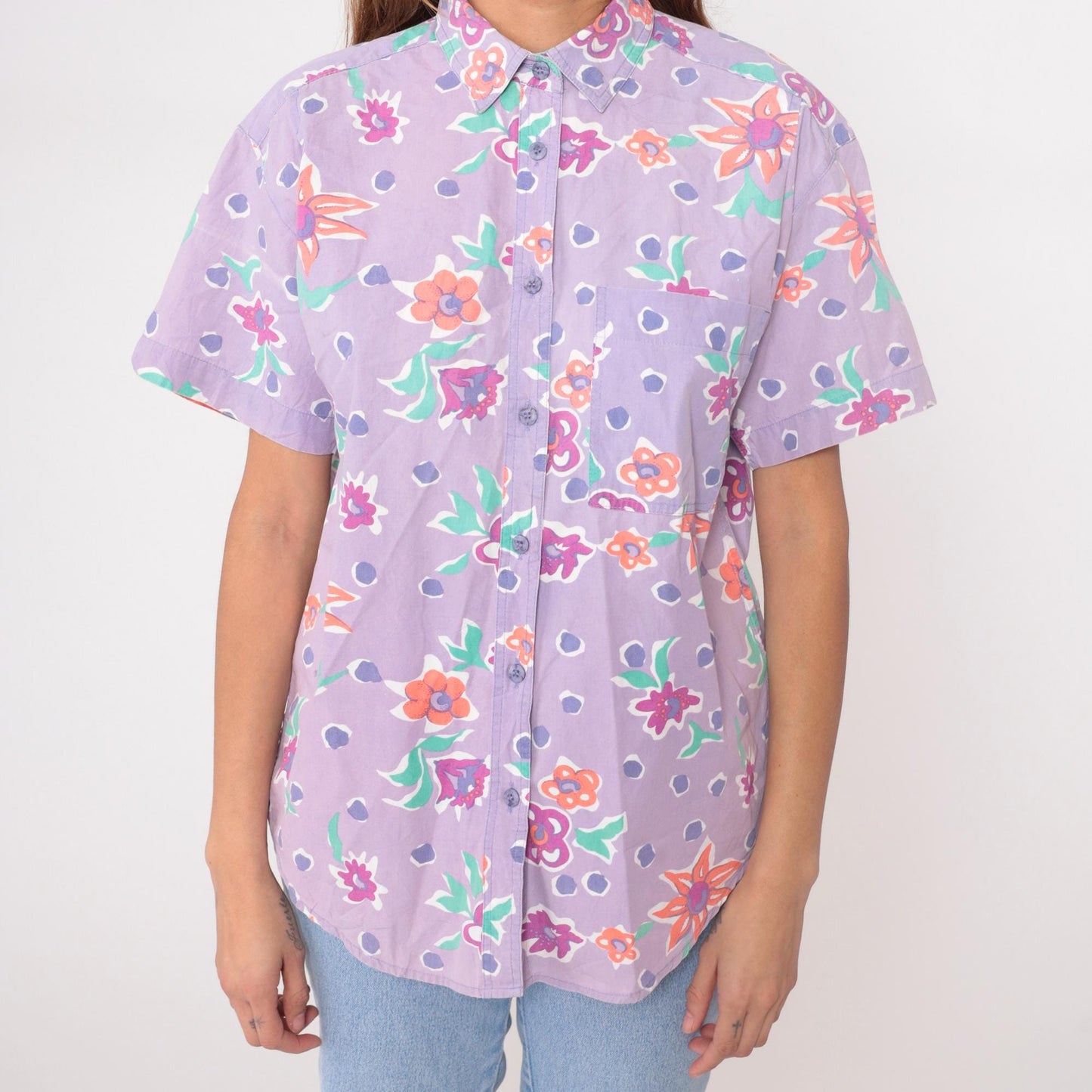 90s Preview International Floral Button-Up Blouse Purple Cotton Medium