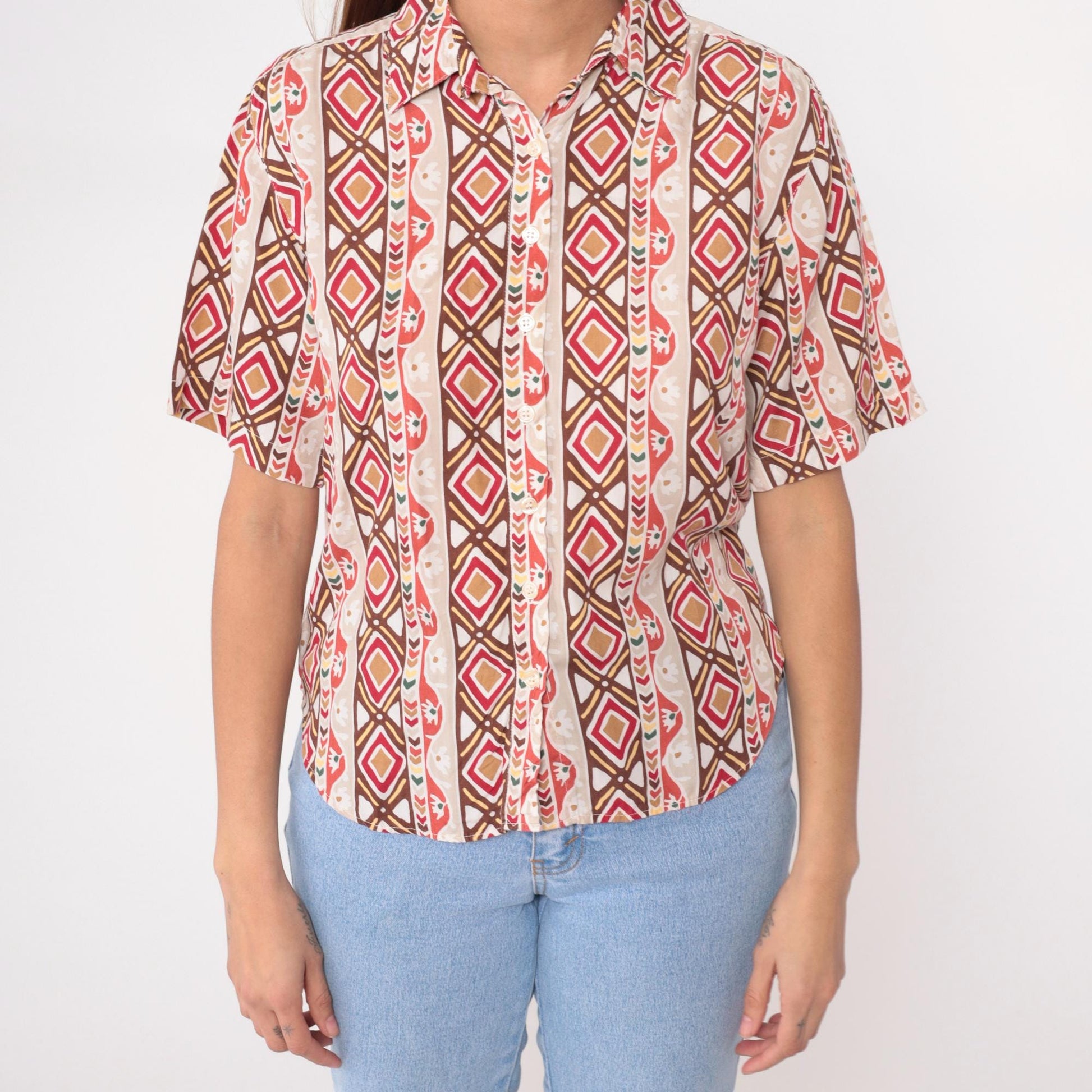 90s Roo Crossings Petites Geometric Print Button Blouse Cream Red Brown Small